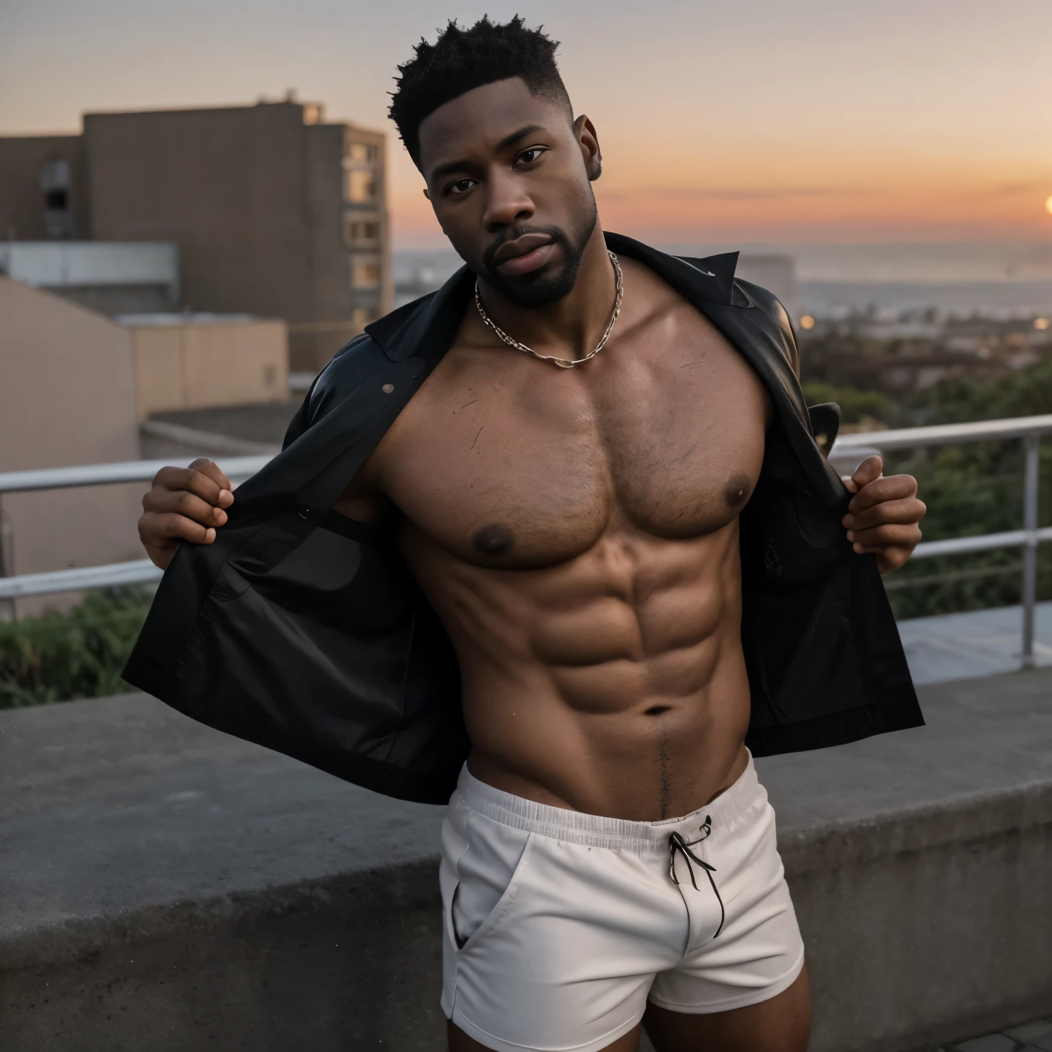 Hyper realistic, dad body, kinky hairs all over his rough body 30yo man, HD, 8k, dark skin, Trevante Rhodes, sexy lips, perfect eyes, hairy:1.9, african:1.5,toned muscle hunk, shirtless with a little belly fat, short white tight silk shorts are wet and  sagging, exposed pubic hair showing, pelos ruivos, shirtless, oiled body , senario cidade de los santos. chains on neck, Chest hair.  rugged body. Big Beard, Highly detailed. very high resolution, Late afternoon, Sunset, The horizon is red, beautifully lit. The city lights are on. The lighting is perfect, The scene is sharp, Extreme realism, Movie Image