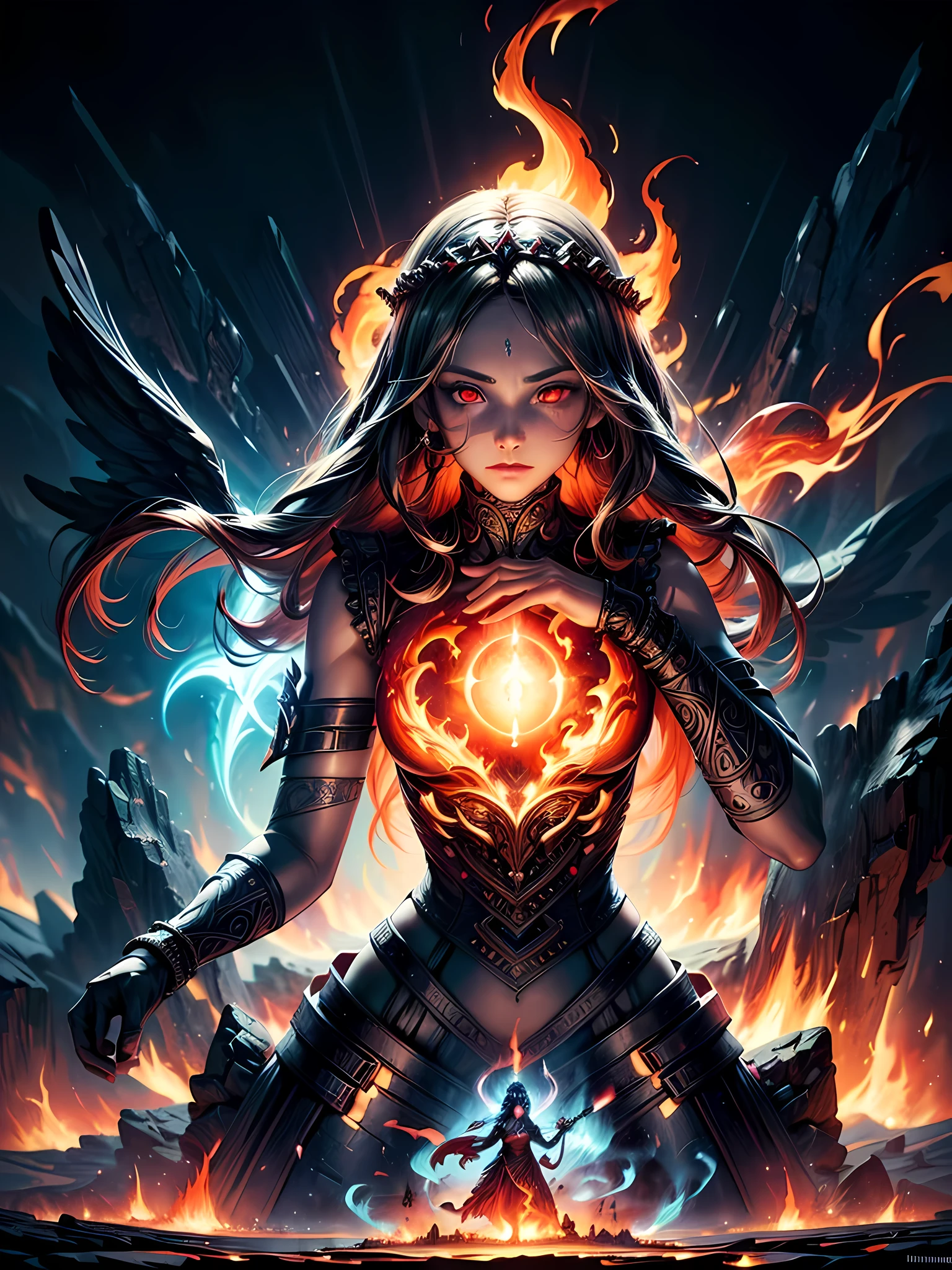 high details, best quality, 16k, [ultra detailed], masterpiece, best quality, (extremely detailed), full body, ultra wide shot, photorealistic, fantasy art, dnd art, rpg art, realistic art, an ultra wide picture of a female human (intricate details, Masterpiece, best quality: 1.5) goddess of fire  ((fiery radiant aura)), controlling a swirling red fire, fiery red radiant magic (1.5 intricate details, Masterpiece, best quality), manipulating purple radiant magical symbols, [[divine symbols]] (intricate details, Masterpiece, best quality: 1.5), human female, blond hair, long hair with aura, hair with red radiant eyes, intense eyes, ((radiant eyes)), (( red glowing eyes)), dynamic clothing, fantasy volcano back ground, stresms of lava,  celestial  background, ((divine worship atmosphere)), high details, best quality, highres, ultra wide angle, gl0w1ngR