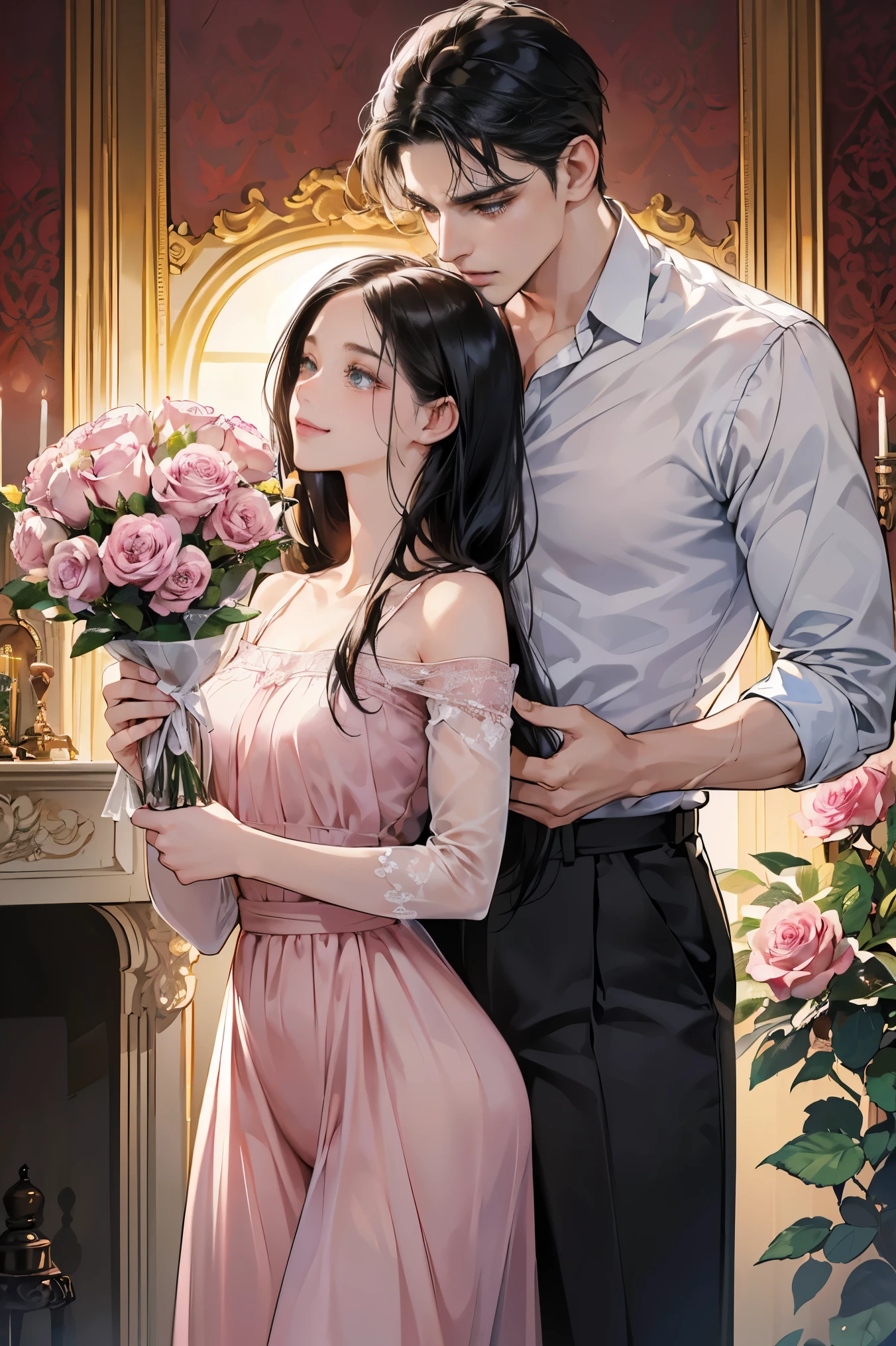 (table top, digital art, digital illustration, 4K, 8 thousand, very detailed, beautiful pictures, clear image, realistic, RAW photos, perfect face, perfect line, perfect eyes, soft lighting) 1 woman, (long black hair, straight hair, an optimistic outlook, beauty, wow, mode system, one piece, solid makeup, 23 year old girl,:1.3), Two handsome men in suits, (human, Man in a suit, muscular, Shoulder width is solid., adult male, boyish hairstyle, british gentleman style, A man in his 30s with a cool expression, A 28-year-old man with a bright smile:1.2), classic style furniture, antique clamps, antique chair, chandelier, Crystal glass, Luxury, Fantastic light, marble fireplace, (embarrassing from, shy smile, bouquet of pink roses:1.2), antique sofa, leather sofa, Crying face, cry out of frustration, beautiful tears、the kiss、kiss、couple、couple kiss ing、romance、sex、have sexual intercourse、wet pubic area、insert 、rape、flood、Full-body painting, (one girl and one man, Having sex:1.5), (human, adult male, girl rubbing'of :1.2), cheek dye、panting face、embarrassing、boredom、begging、unhappy、greedy expression, wet pubic area、 insert、open your crotch wide、cowgirl、fluttering、wet shirt、sheer black lace underwear、Take off your underwear、