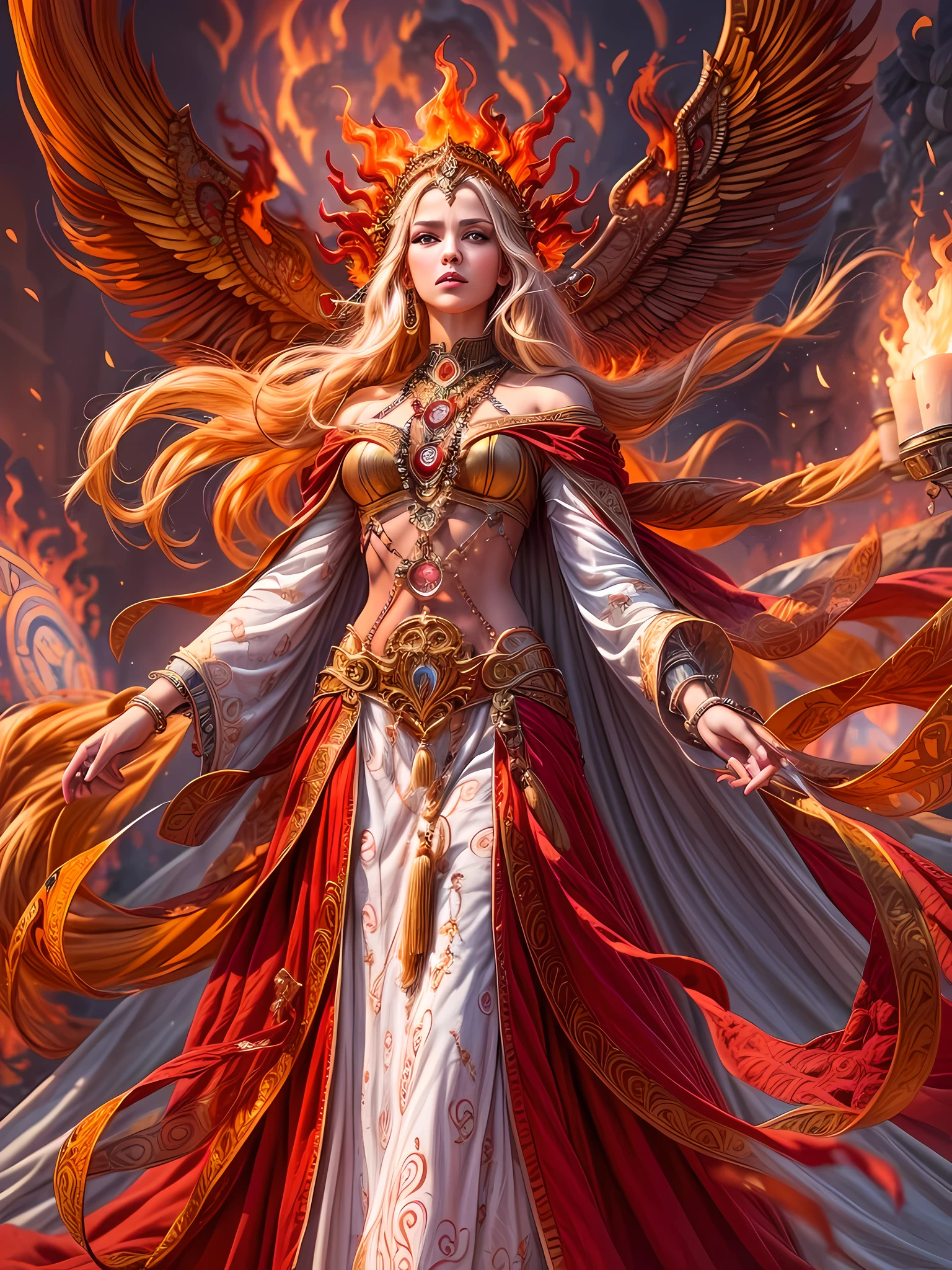high details, best quality, 16k, [ultra detailed], masterpiece, best quality, (extremely detailed), full body, ultra wide shot, photorealistic, fantasy art, dnd art, rpg art, realistic art, an ultra wide picture of a female human (intricate details, Masterpiece, best quality: 1.5) goddess of fire  ((fiery radiant aura)), controlling a swirling red fire, fiery red radiant magic (1.5 intricate details, Masterpiece, best quality), manipulating purple radiant magical symbols, [[divine symbols]] (intricate details, Masterpiece, best quality: 1.5), human female, blond hair, long hair with aura, hair with red radiant eyes, intense eyes, ((radiant eyes)), (( red glowing eyes)), dynamic clothing, fantasy volcano back ground, stresms of lava,  celestial  background, ((divine worship atmosphere)), high details, best quality, highres, ultra wide angle, gl0w1ngR