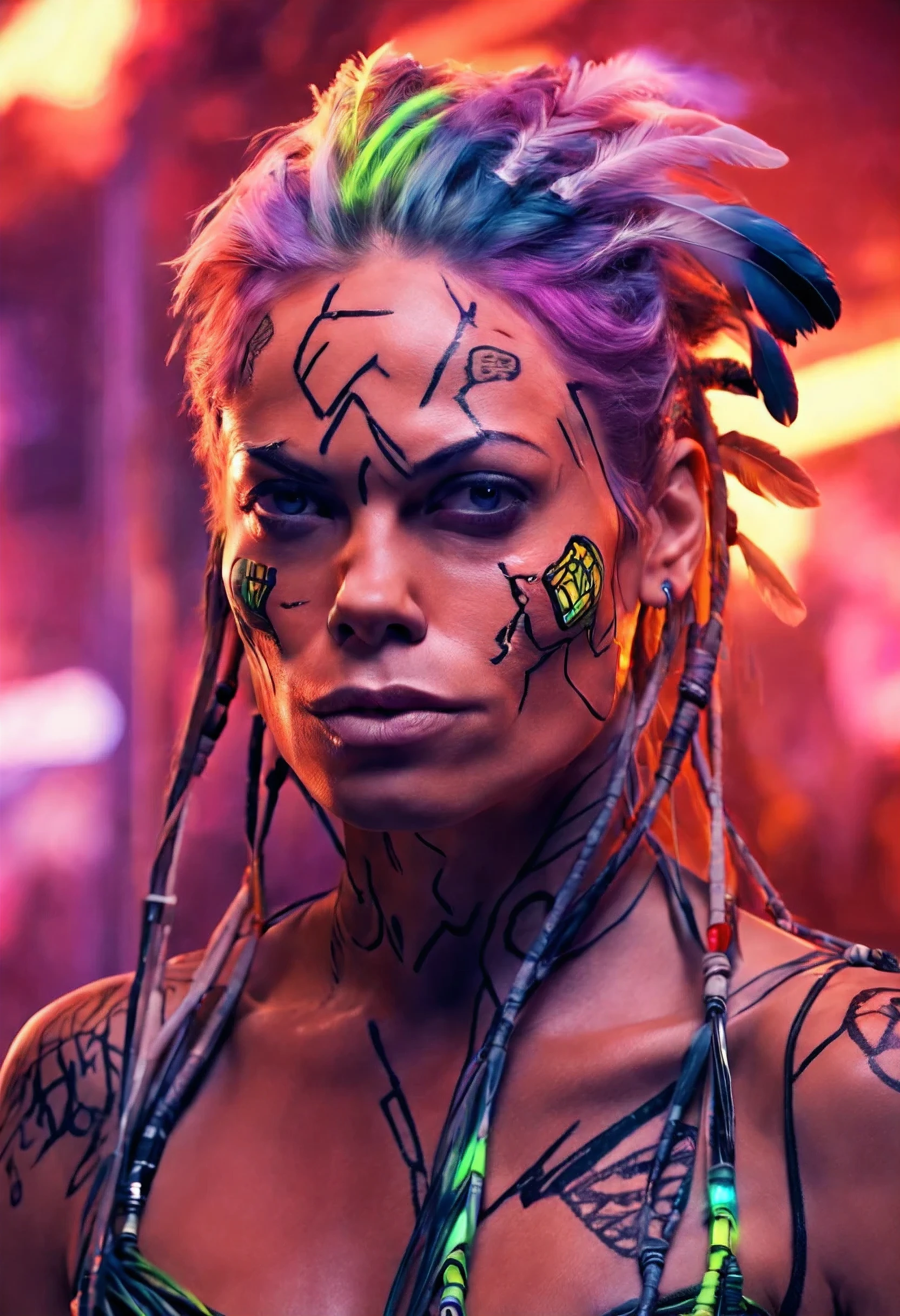 (ohwx woman) cyborg, surrounded by cables , (Rosario Dawson),  hair braided in pigtails, tattoos on her face, neck and breasts, feathers in her hair, war colors, strong, proud, cyborg, beautiful full shot imagery, vibrantly lush neon lighting, beautiful volumetric-lighting-style atmosphere, a futuristic atmosphere, intricate, ultra detailed, photorealistic imagery, trending on artstation, 4k, 8k, low angle, full body shot