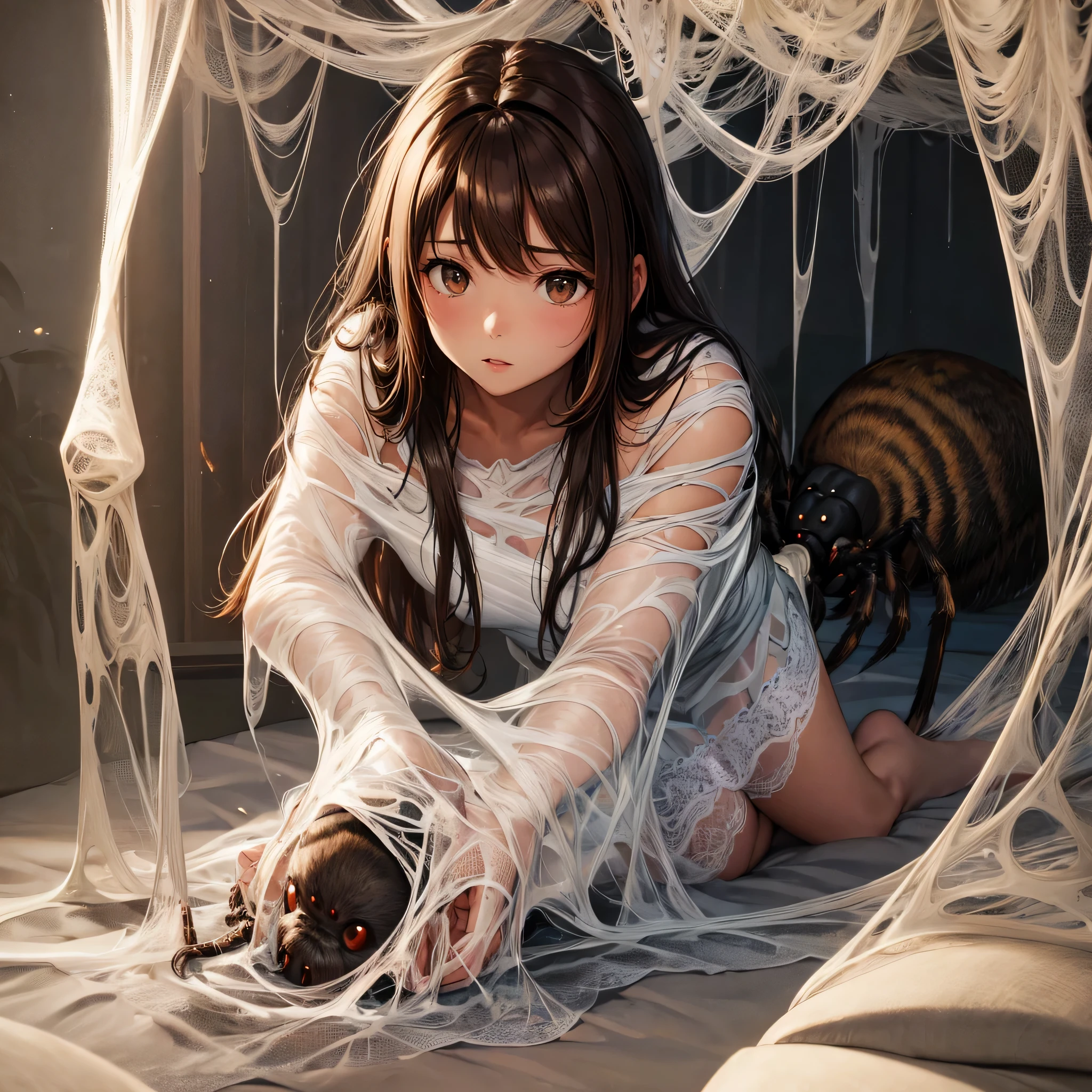 1girl,Spider weaving a net on the girl,réalism:1.2,ultra-detailed,bedroom setting,stretched pose,struggling in the net,brown haired,very long sheer skirt,oaken floor,soft sunlight,delicate spider silk,lace curtains,bedside table,decorative pillows