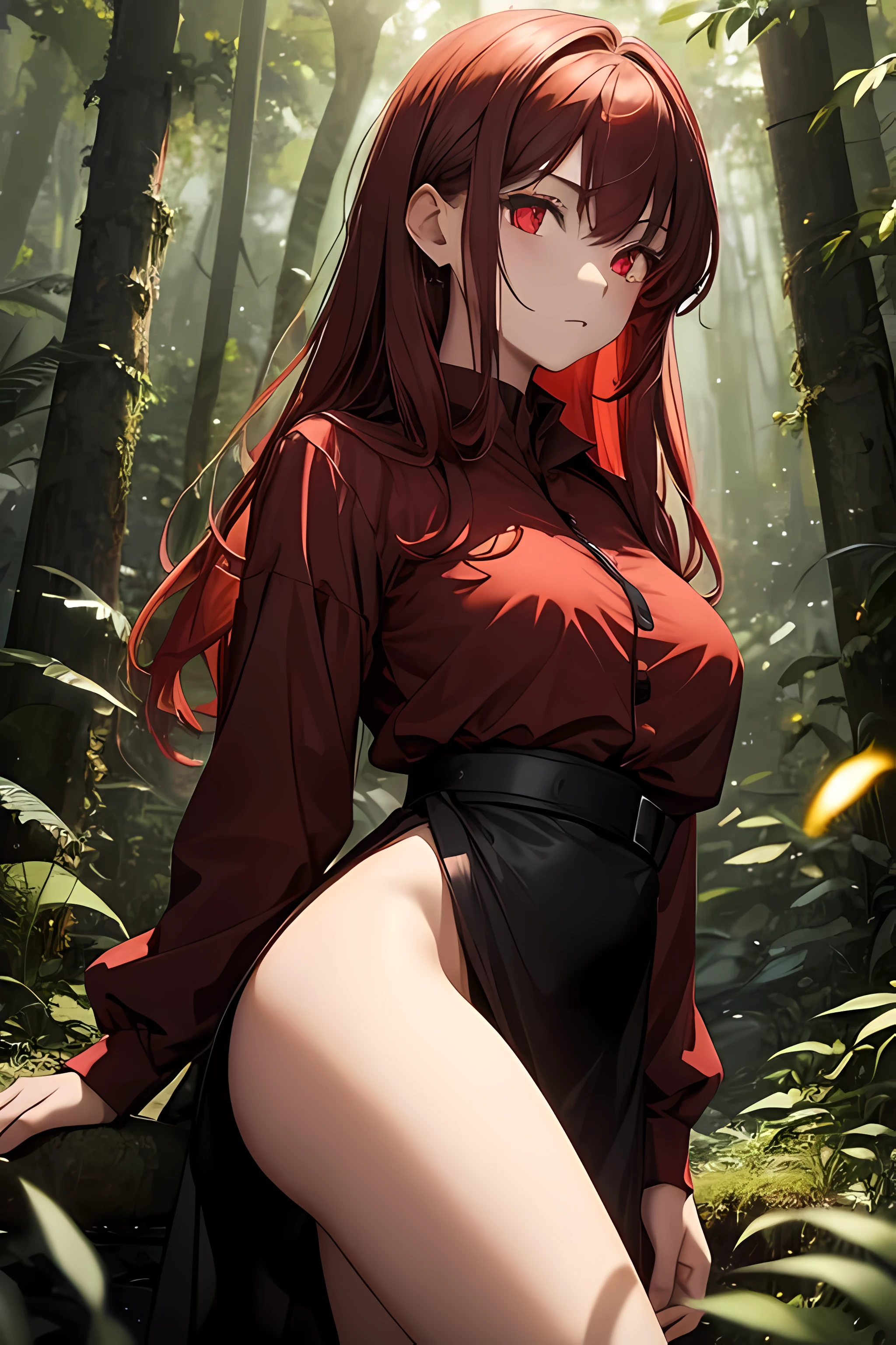 1 Girl, 16 years old, Red eyes, red hair, brown and black dress, in the forest, in the evening, fireflies flying around, perfect details, masterpiece ,Glowing Red Eyes , Fit Body