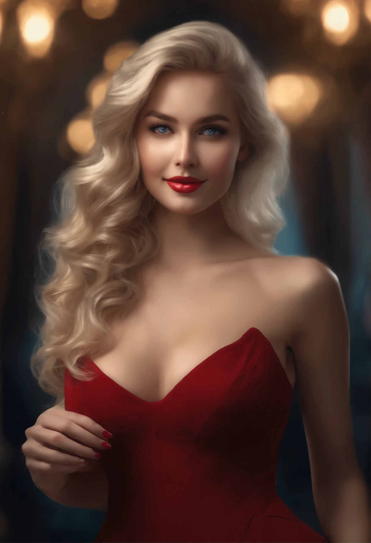 (((Valentines day theme))), ((masterpiece)), realistic skin, supreme quality, hyperdetailed, best details, best quality, best sharpness, best contrast, 8k, Ultra HD, in depth colors, best saturation, 8x ai enhancement, (((8x ai upscale))), ((dark environment)), ((waving dress)), Platinum Blonde hair, voluminous big 80's hair, bright blue eyes, perfect eyes, medium tits, hourglass shape, thin body, (full body picture:1.5), (((seductive smile))), hyper realism