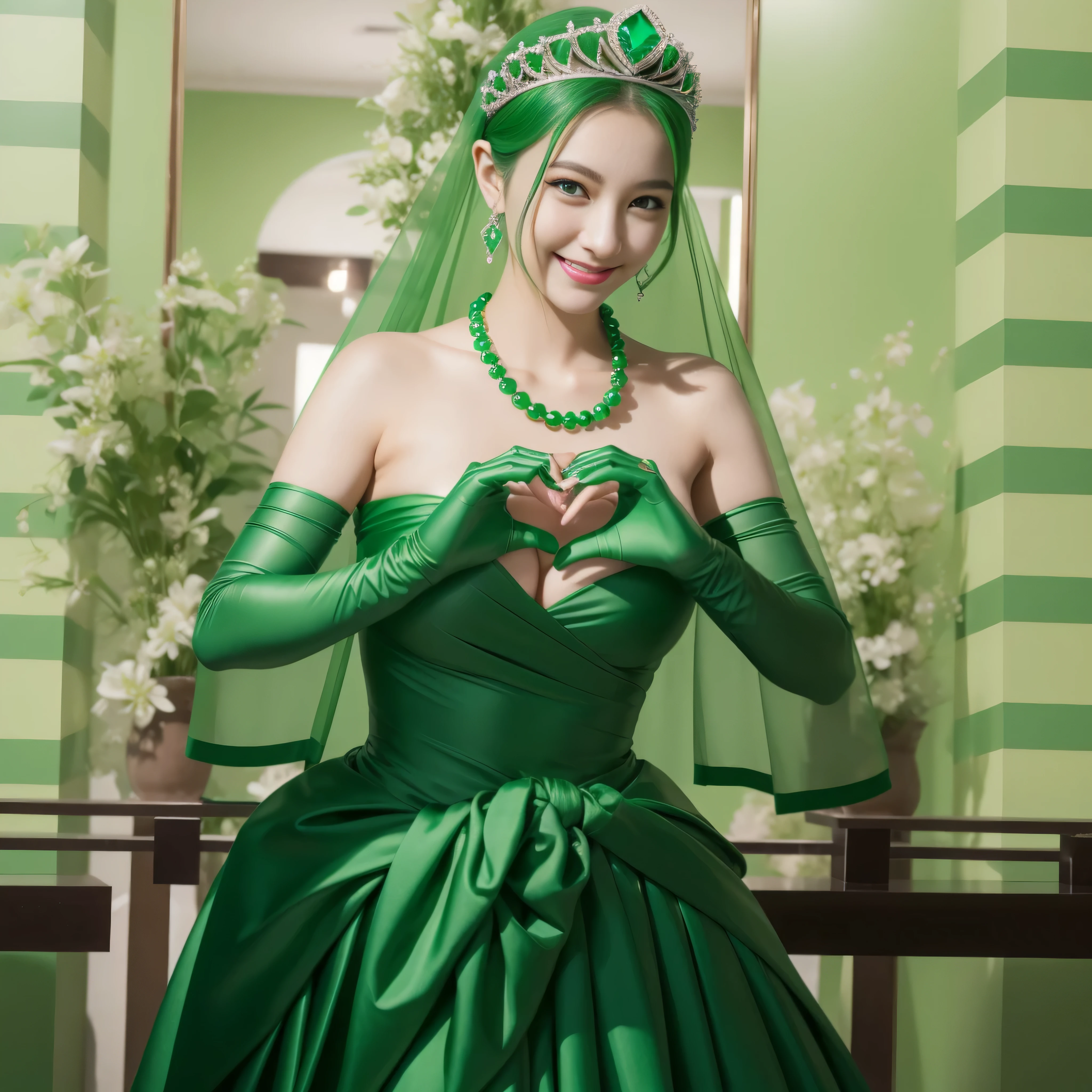 emerald tiara, Green Pearl Necklace, ボーイッシュな非常に短いgreen hair, green lips, smiling Japanese woman, very short hair,  Beautiful woman with big breasts, green eyes, green satin long gloves, green eyes, emerald earrings, Green veil, Heart with both hands, green hair, beautiful japanese woman, heart shaped hands:1.3, green lip gloss