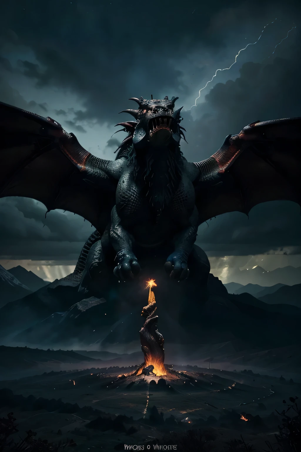 Fight against dragon warriors, em artstation arte florestal, masmorra, balrog, dragon releases flaming fire from its mouth, d&d, Lord of the Rings, o anel de fogo, Conan, Almas escuras, fundo nebuloso, realistic epic, rutkowski, hdr, detalhes intrincados, hiperdetalhado, cinematic, luz de aro, cores suaves: 1.2, fantasia negra, dark sky, com montanhas escuras ao fundo, atmosfera escura, temer, Horror, Impressionante, dark sky e turbulento com tons de azul e roxo
