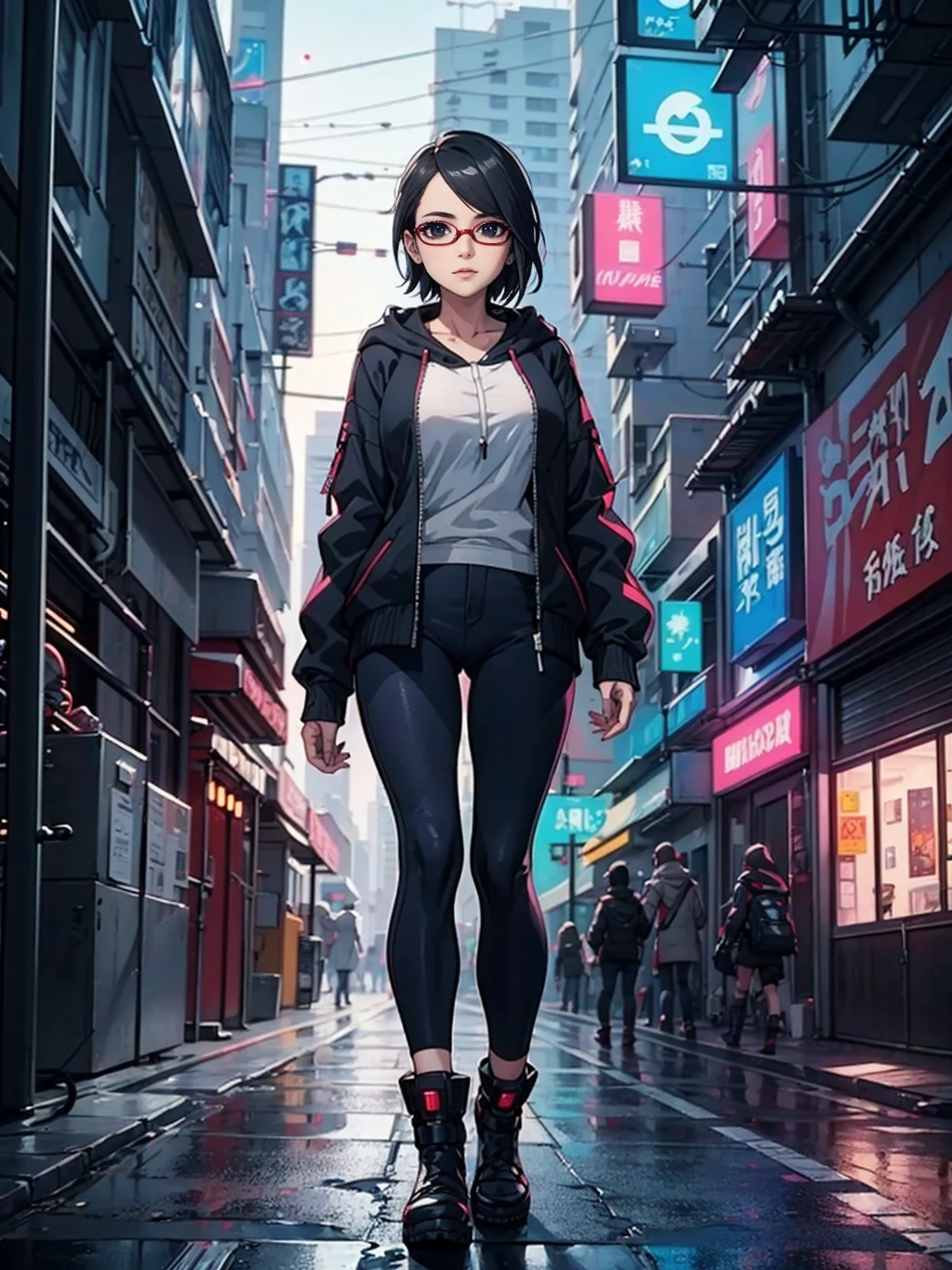((1girl, solo ,alone, Sarada Uchiha, short hair, ((black eyes, glasses)), uchiha sarada)), ((solo, 1woman, pink lipstick, Extremely detailed, ambient soft lighting, 4k, perfect eyes, a perfect face, perfect lighting, a 1girl)) austere, ((anime girl, blue jacket, black pants, cyberpunk anime girl, cyberpunk in hoodie, badass anime, cute cyberpunk girl, cyberpunk streets in, cyberpunk style, cyberpunk white outfit, oppai cyberpunk, full cosplay, ((sharp face)), official art, beautiful, mature, walking in the street))