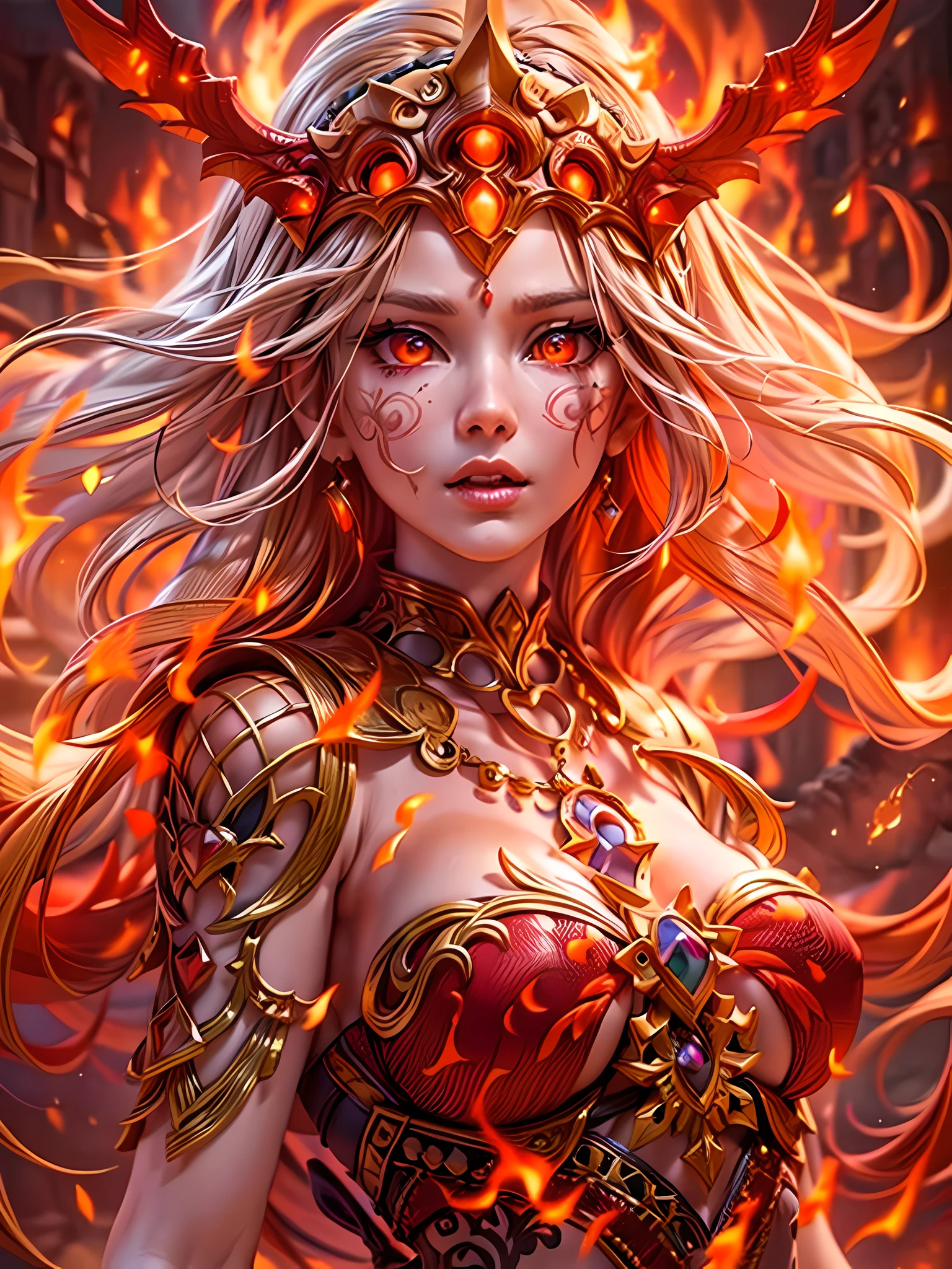 high details, best quality, 16k, [ultra detailed], masterpiece, best quality, (extremely detailed), full body, ultra wide shot, photorealistic, fantasy art, dnd art, rpg art, realistic art, an ultra wide picture of a female human (intricate details, Masterpiece, best quality: 1.5) goddess of fire  ((fiery radiant aura)), controlling a swirling red fire, fiery red radiant magic (1.5 intricate details, Masterpiece, best quality), manipulating purple radiant magical symbols, [[divine symbols]] (intricate details, Masterpiece, best quality: 1.5), human female, blond hair, long hair with aura, hair with red radiant eyes, intense eyes, ((radiant eyes)), (( red glowing eyes)), dynamic clothing, fantasy volcano back ground, stresms of lava,  celestial  background, ((divine worship atmosphere)), high details, best quality, highres, ultra wide angle, gl0w1ngR