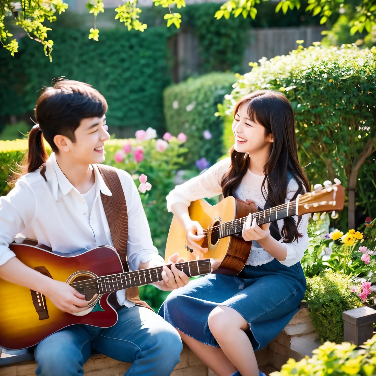 A young man and a young woman,Man plays guitar,woman singing,Happy and joyful,Looking at each other affectionately in the garden,spring breeze,Chaoyang