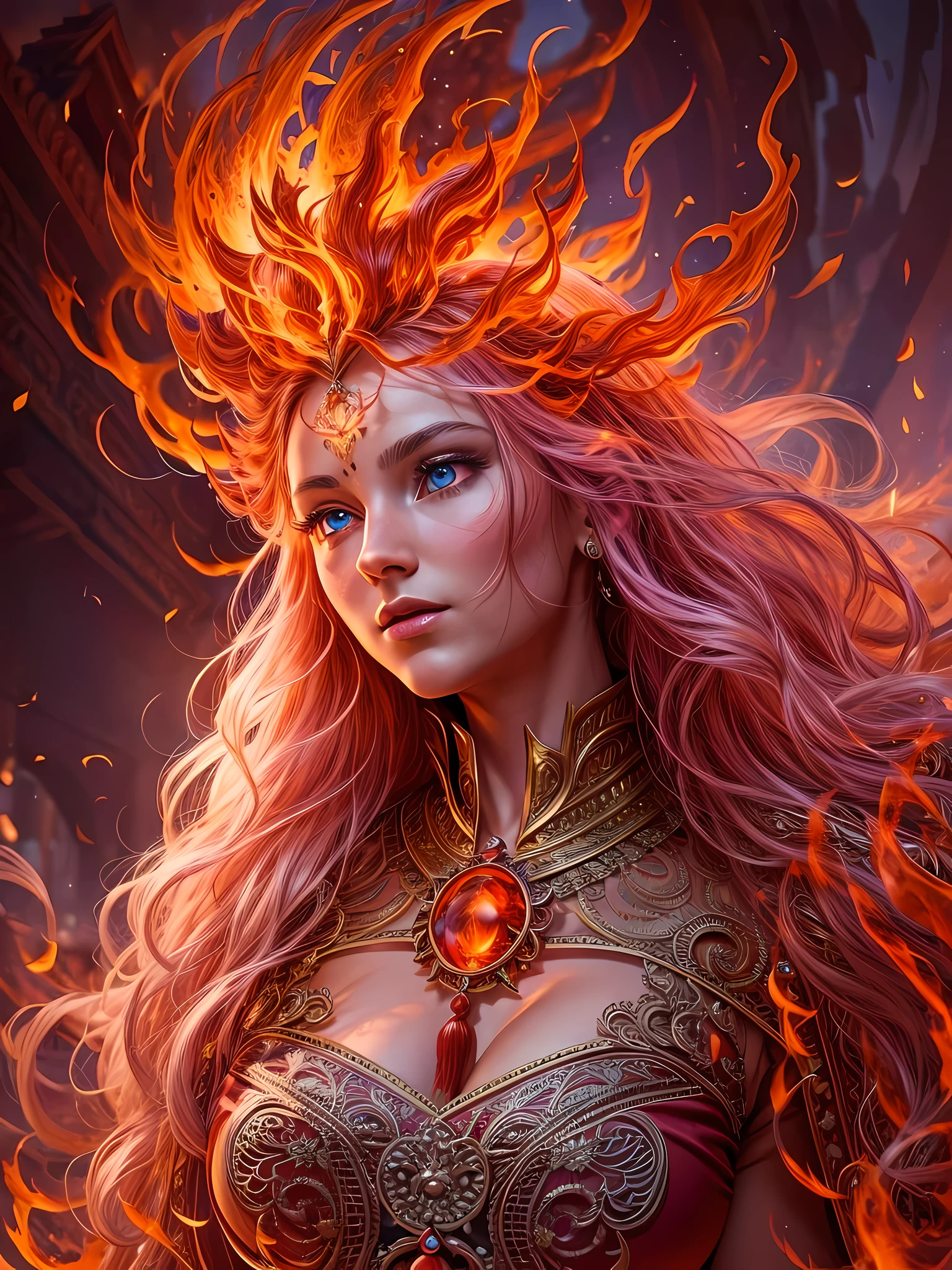 high details, best quality, 8k, [ultra detailed], masterpiece, best quality, (extremely detailed), full body, ultra wide shot, photorealistic, faize fantasy art, dnd art, rpg art, realistic art, an ultra wide picture of a female human (1.5 intricate details, Masterpiece, best quality) godess of fire  ((fiery radiant aura)), controlling a swirling fiery red radiant magic (1.5 intricate details, Masterpiece, best quality), manipulating purple radiant magical symbols, [[divine symbols]] (1.5 intricate details, Masterpiece, best quality), human female, red  hair, long hair with aura, hair with red radiant eyes, intense eyes, ((radiant eyes)), (( red glowing eyes)), dynamic clothing, fantasy volcano back ground, stresms of lava,  celestial  background, ((divine worship atmosphere)), high details, best quality, highres, ultra wide angle