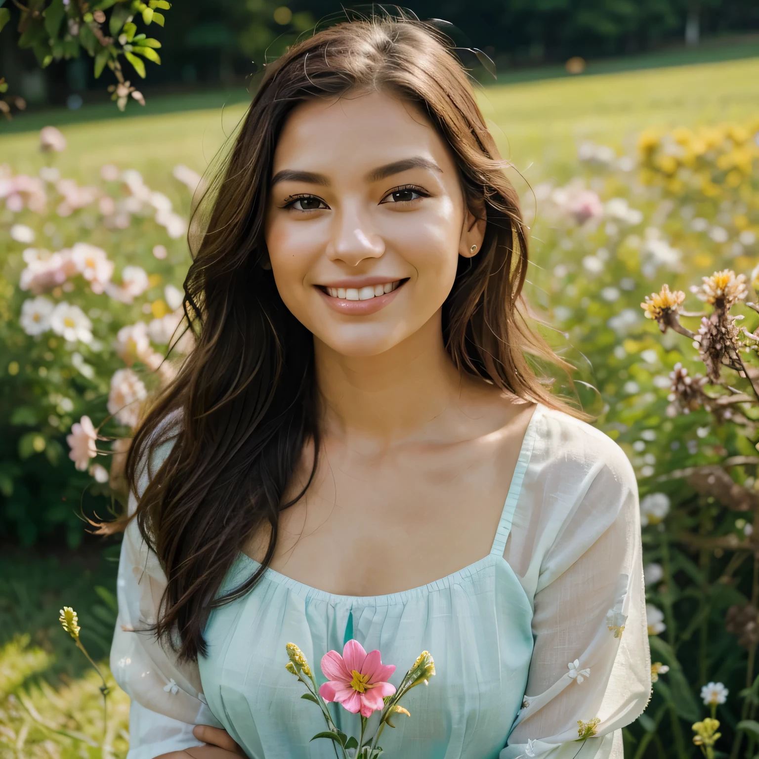 detailed facial features, vibrant colors, soft lighting, outdoor setting, blooming flowers, grassy field, gentle breeze, happy expression, confident posture.
