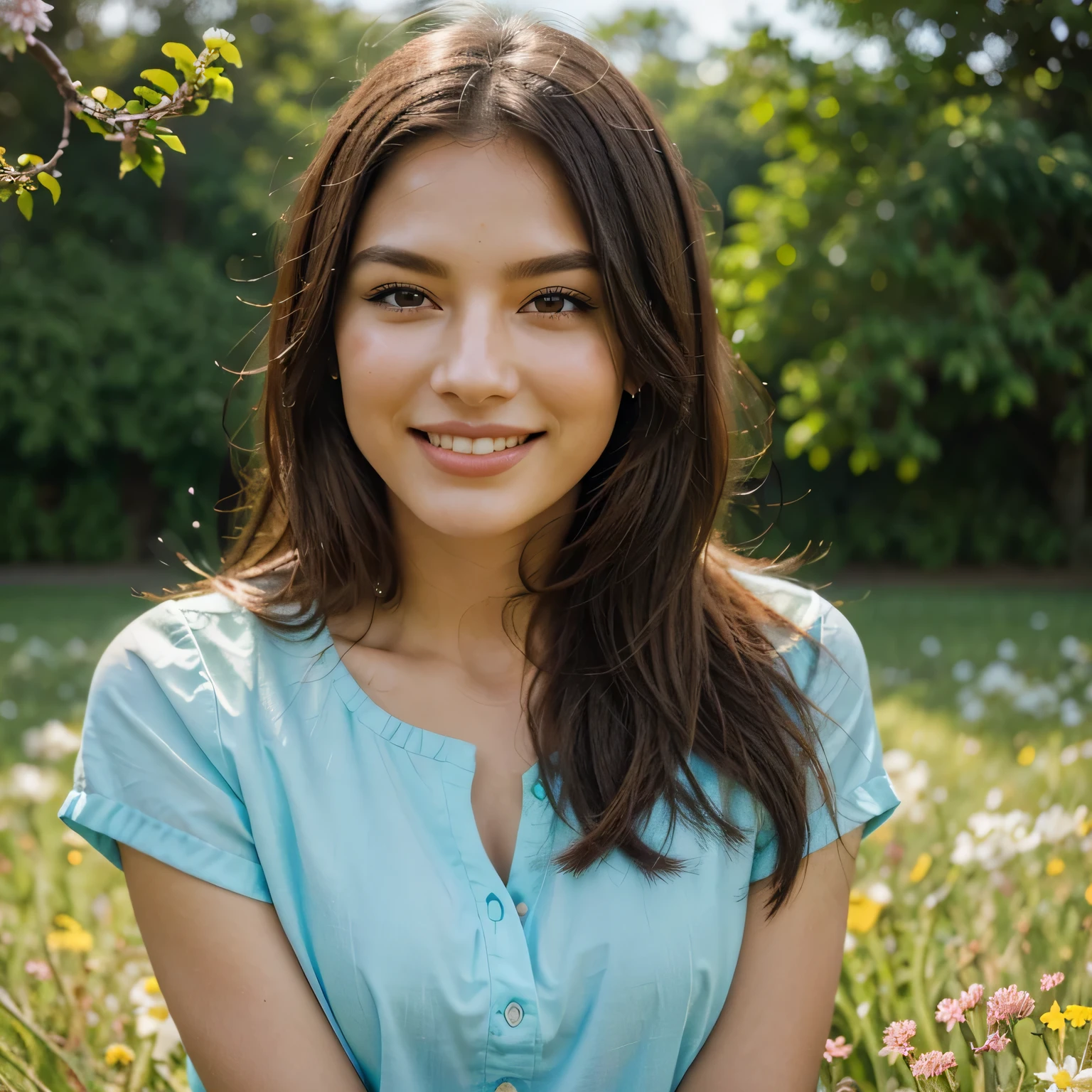 detailed facial features, vibrant colors, soft lighting, outdoor setting, blooming flowers, grassy field, gentle breeze, happy expression, confident posture.