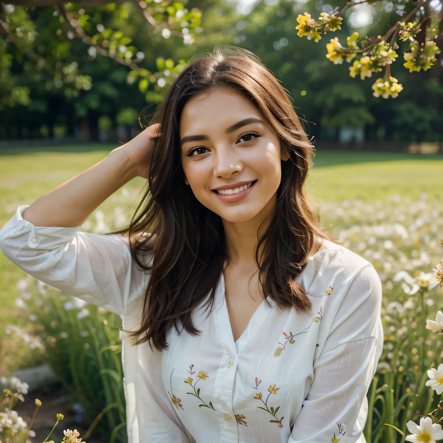 detailed facial features, vibrant colors, soft lighting, outdoor setting, blooming flowers, grassy field, gentle breeze, happy expression, confident posture.