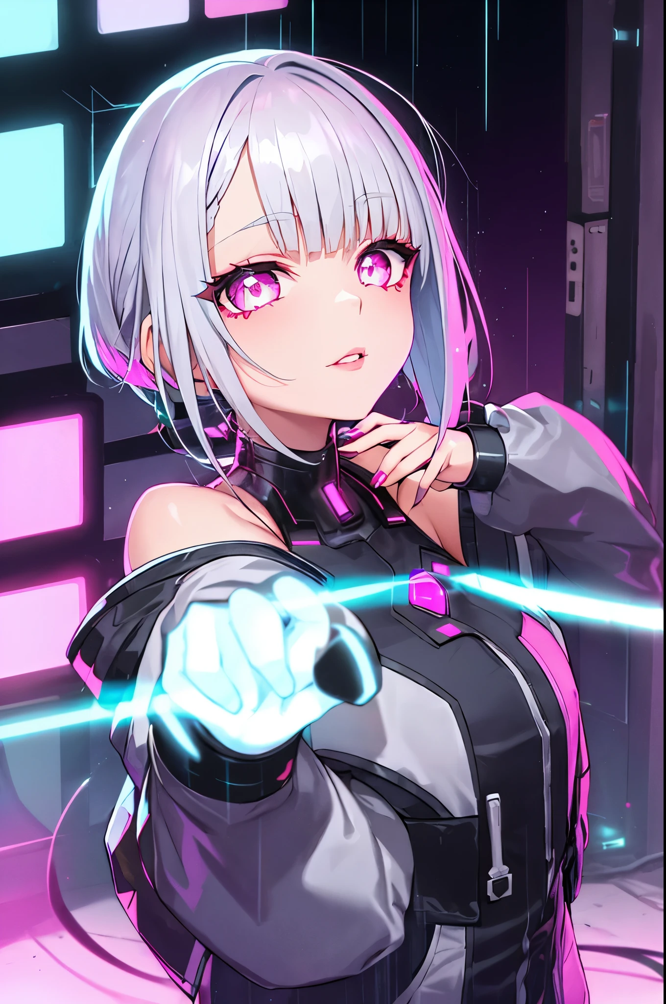 Lucy \(cyber punk\), 1 girl,  hair scrunchie, princess cut, silver hair, colored tips, full moon, gray eyes, Jacket, long sleeve, looking at the viewer, medium hair, colorful hair, parted bangs, parted lips, pink hair, portrait, red eyeliner, red lips, alone, white Jacket, cyber punk \(series\), rainy night in a cyber punk city with glowing neon lights

 