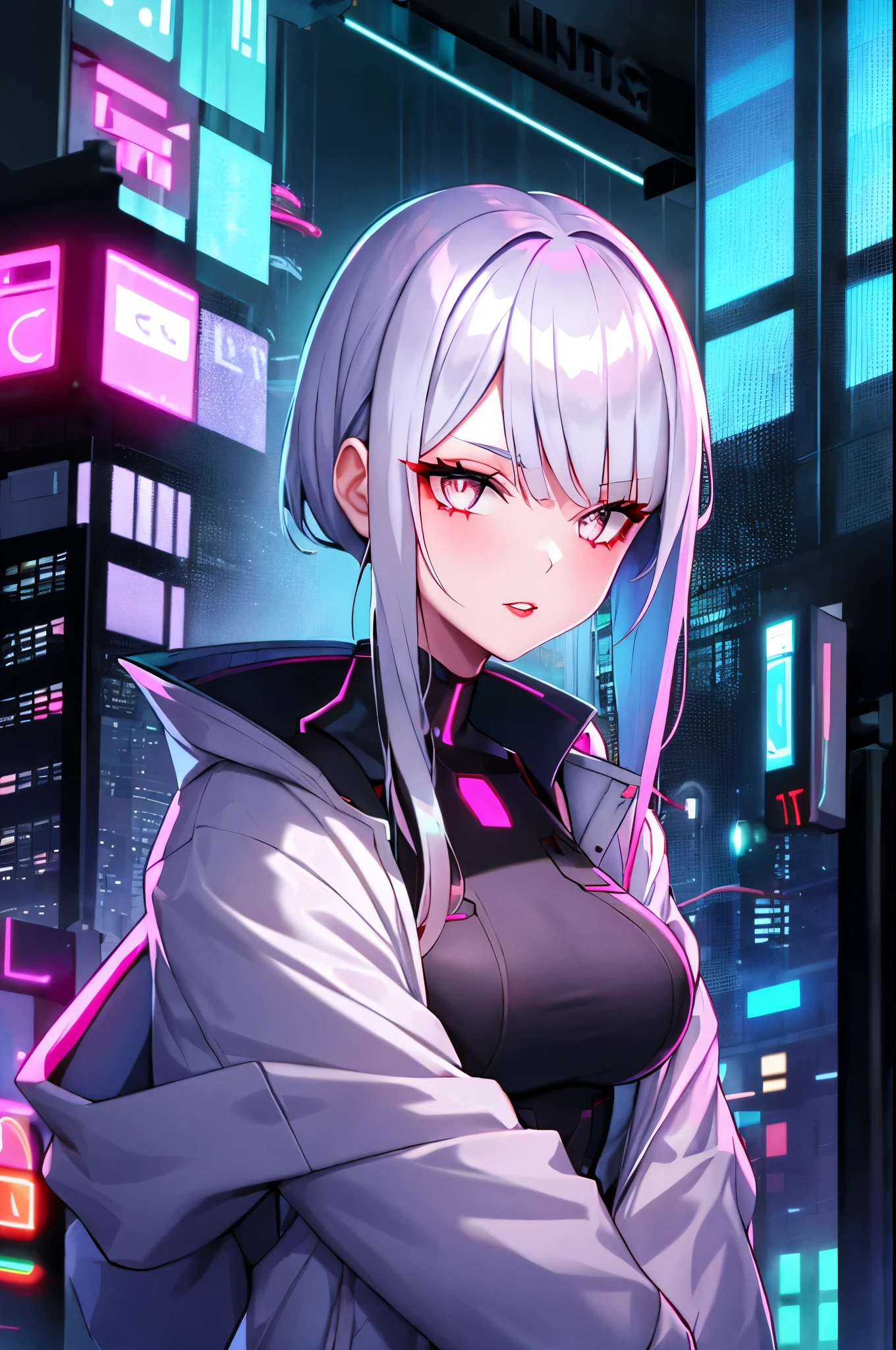 Lucy \(cyber punk\), 1 girl, hair scrunchie, princess cut, silver hair, colored tips, full moon, gray eyes, Jacket, long sleeve, looking at the viewer, medium hair, colorful hair, parted bangs, parted lips, pink hair, portrait, red eyeliner, red lips, alone, white Jacket, cyber punk \(series\), rainy night in a cyber punk city with glowing neon lights
