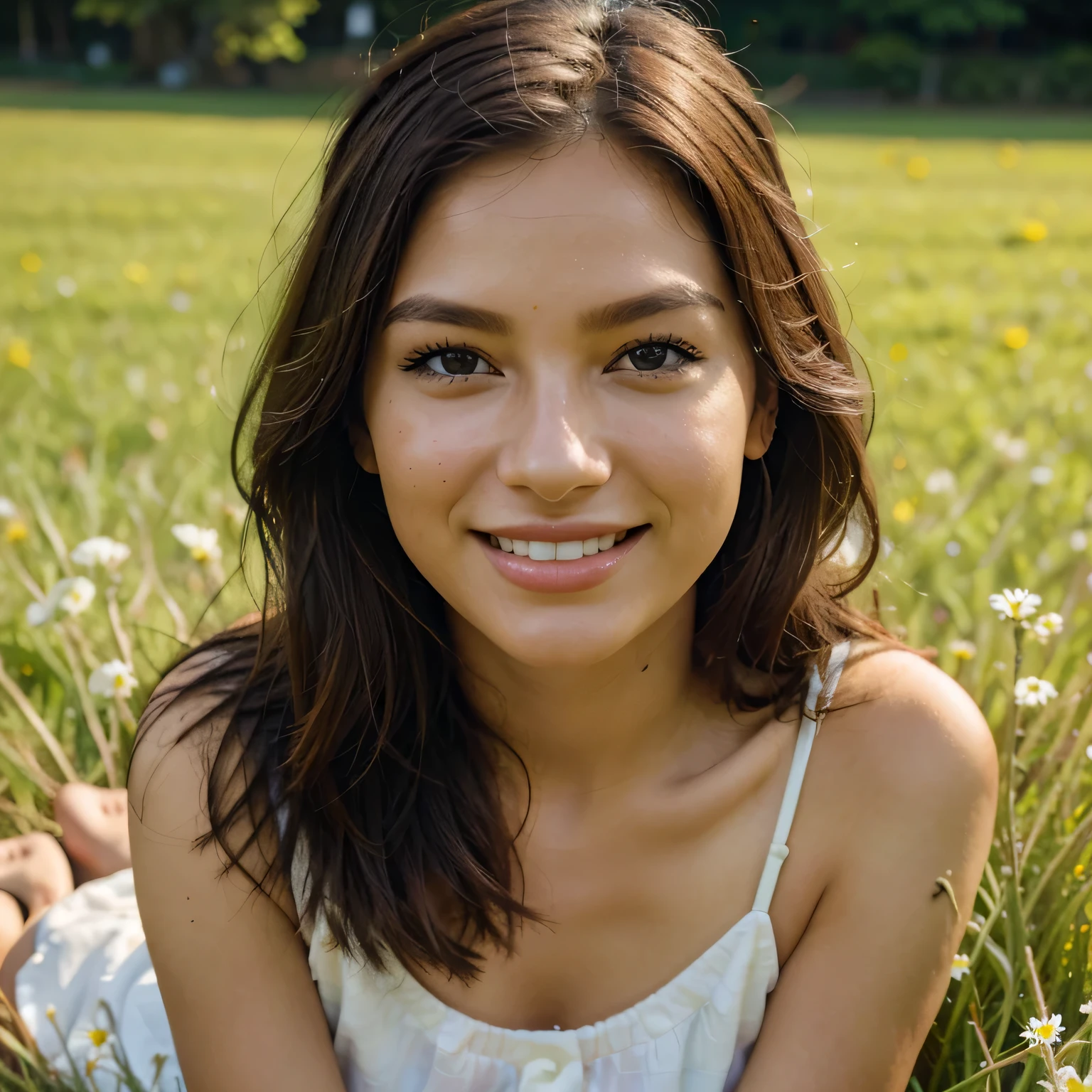 detailed facial features, vibrant colors, soft lighting, outdoor setting, blooming flowers, grassy field, gentle breeze, happy expression, confident posture.