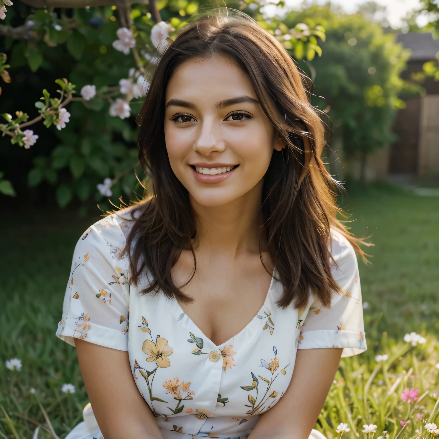 detailed facial features, vibrant colors, soft lighting, outdoor setting, blooming flowers, grassy field, gentle breeze, happy expression, confident posture.