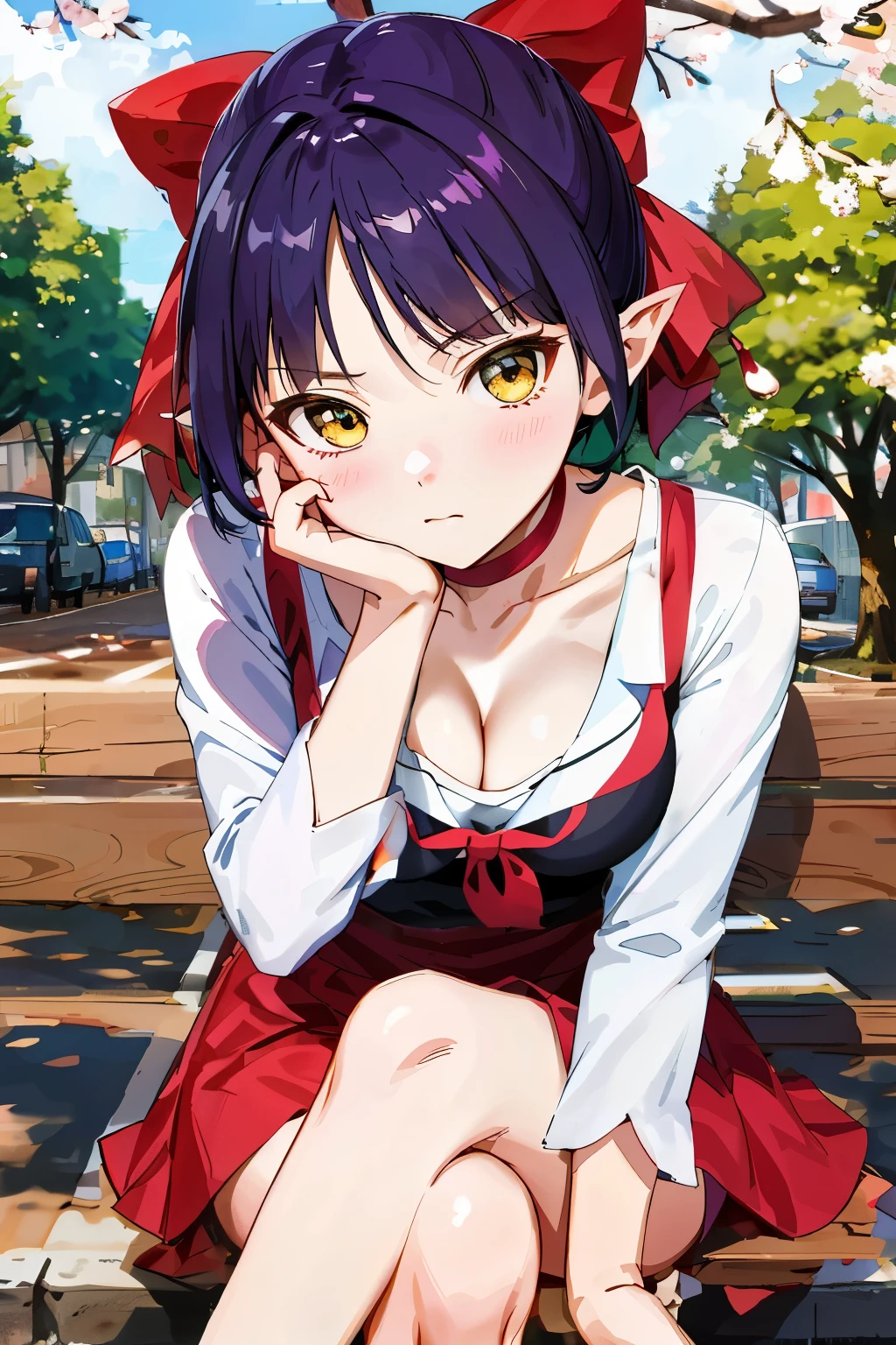 The background is a tree-lined street in the city.、Cherry tree、