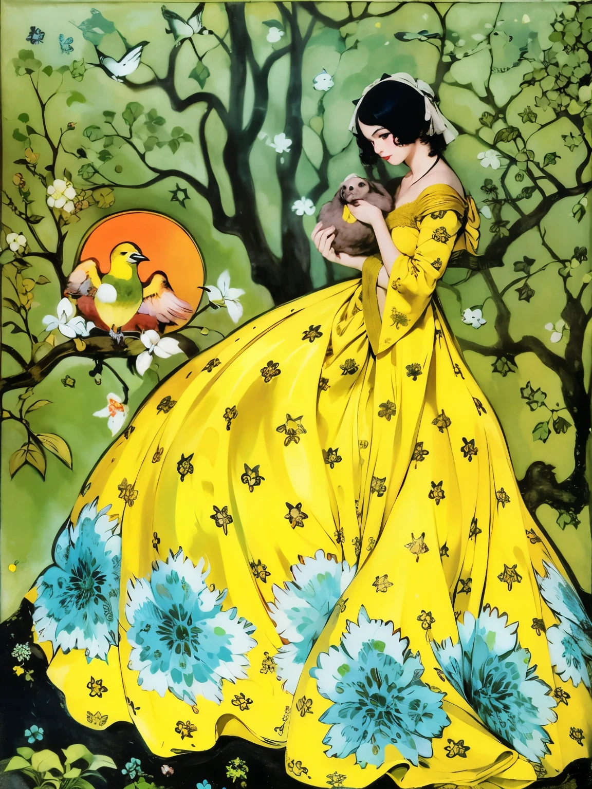 chubby woman in a yellow dress holding a bird in a tree, inspired por Edmundo Dulac, por Georges Lacombe, por Gustaf Tenggren, inspirado em Gustaf Tenggren, por George Barbier, senhora usando vestido amarelo, Eugênio Grasset, por Edmundo Dulac, florence harrison, Moda Arte Nova, fairy tale illustrations, Direction: Rafael Kirchner, perfect hands, dedos perfeitos, perfect face without deformation