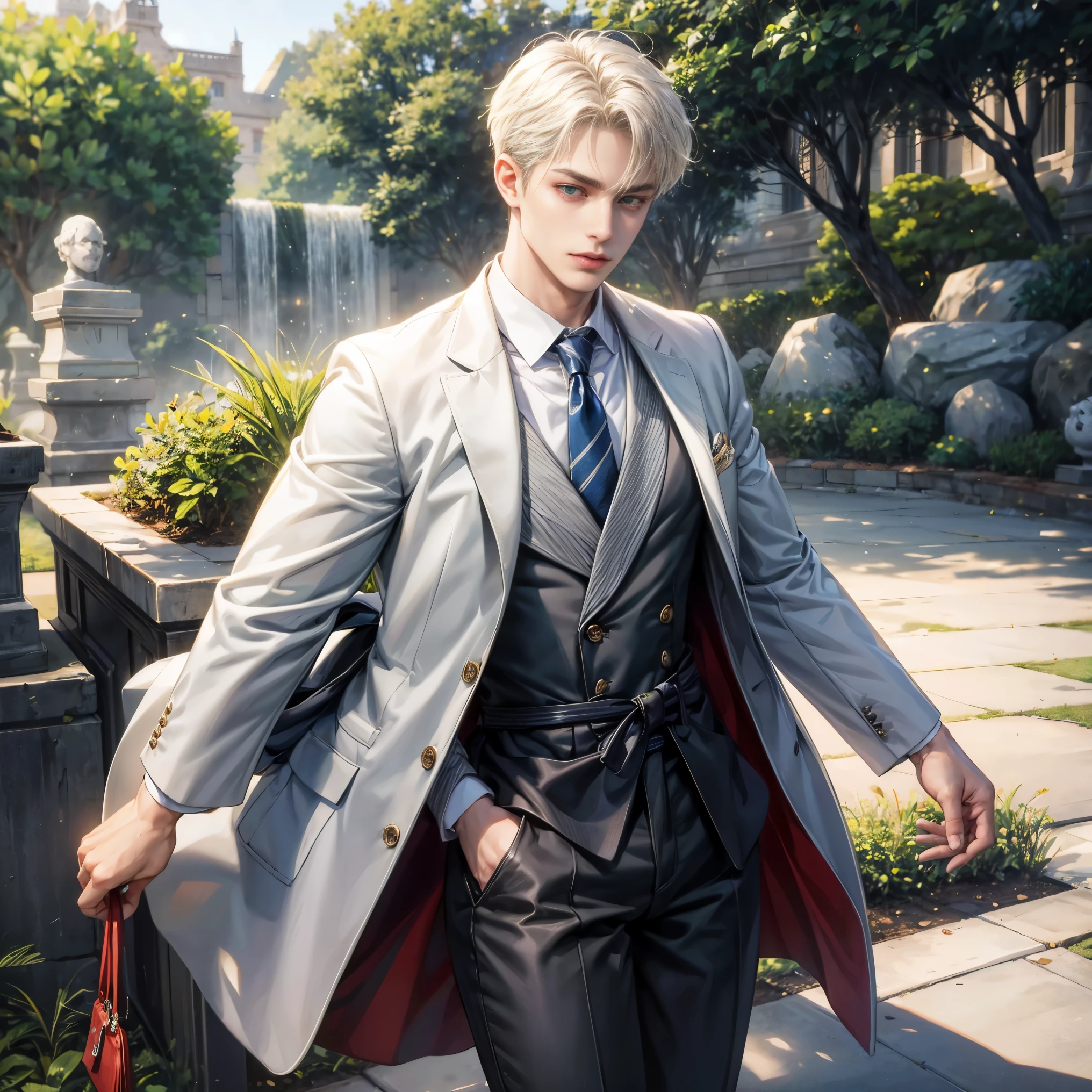 masutepiece, Best Quality, ((1man)), Short hair with light greige,Green eyes, waist-up, a park, White Blazer
