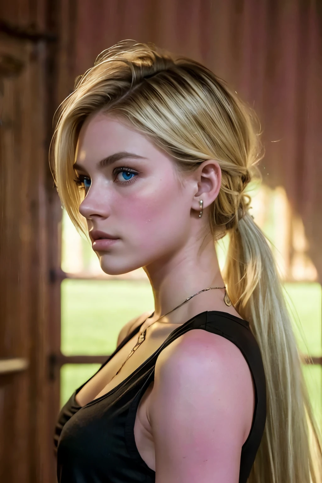 In an environment where white predominates, the portrait of AlexiaThompson01R appears, emanating an aura that mixes melancholy and determination. Her blonde hair falls in an emo fringe over her forehead, shading her closed gaze, while her entire body stands out against the light background. His vibrant blue eyes convey a palpable intensity, mixed with a faint glint of disgust. Wearing a black sleeveless t-shirt, her shoulders seem to carry an invisible weight, while her pink lips hold a hint of vulnerability. Her white skin, smooth and immaculate, contrasts beautifully with the darkness of her clothing, creating a fascinating play of light and shadow. In this portrait, AlexiaThompson01R is more than just a figure; she is an untold story, a captivating mystery waiting to be solved.