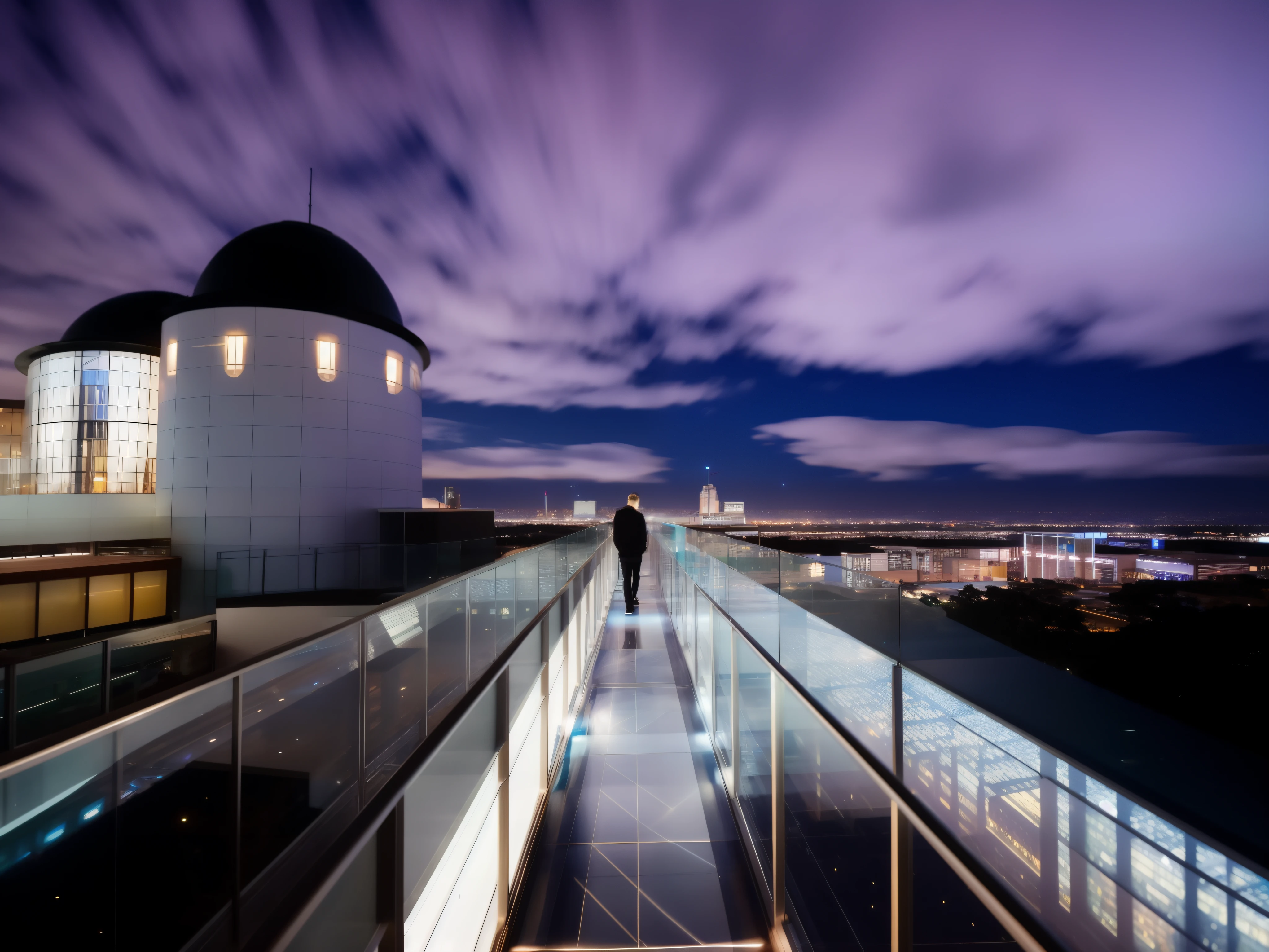arafed view of a building with a glass walkway and a sky background, set in observatory at night, observation deck, by Dan Luvisi, by Lee Loughridge, by Josh Bayer, by Meredith Dillman, by Jeffrey Smith, shot on a 9.8mm wide angle lens, award-winning”, digital photography”, by Joe Bowler