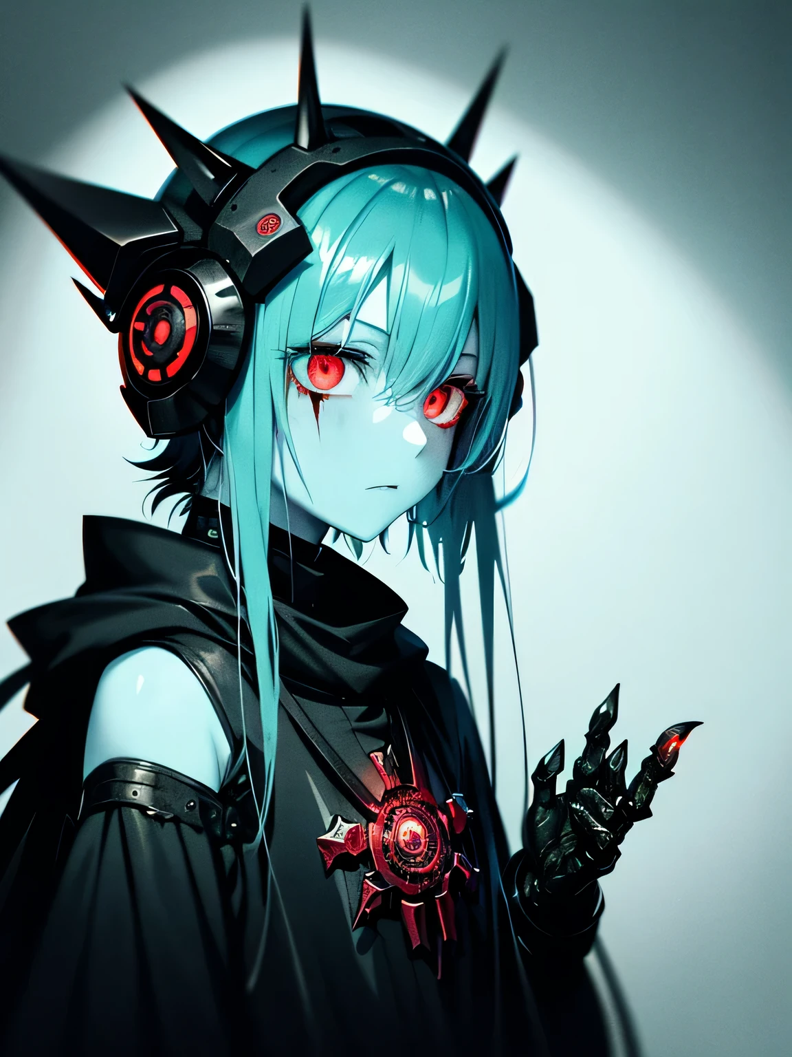 (((biopunk horror art))), ((biopunk atmosphere)), biopunk anime girl, (blue skin), ((turquoise skin)), (pale skin), red eyes, empty gaze, (bloody red eyes), bloody lines, silver hair, pale gray hair, sharp cast iron helmet, rough black metal ears, black metal neckband, long gray black cape, bare shoulders, mechanized arms, short clothing, ((cold lighting)), (scorn videogame style), horror atmosphere, (presence of something terrible), highly detailed art, highly detailed background