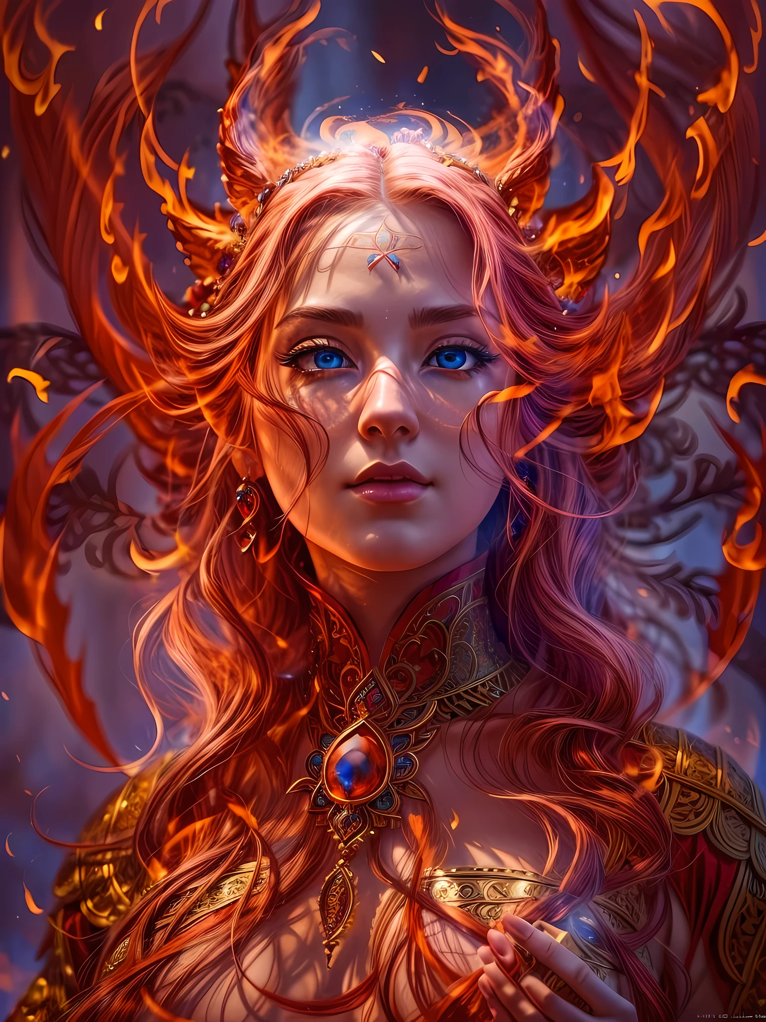 high details, best quality, 16k, [ultra detailed], masterpiece, best quality, (extremely detailed), full body, ultra wide shot, photorealistic, fantasy art, dnd art, rpg art, realistic art, an ultra wide picture of a female human (intricate details, Masterpiece, best quality: 1.5) goddess of fire  ((fiery radiant aura)), controlling a swirling red fire, fiery red radiant magic (1.5 intricate details, Masterpiece, best quality), manipulating purple radiant magical symbols, [[divine symbols]] (intricate details, Masterpiece, best quality: 1.5), human female, blond hair, long hair with aura, hair with red radiant eyes, intense eyes, ((radiant eyes)), (( red glowing eyes)), dynamic clothing, fantasy volcano back ground, stresms of lava,  celestial  background, ((divine worship atmosphere)), high details, best quality, highres, ultra wide angle, gl0w1ngR