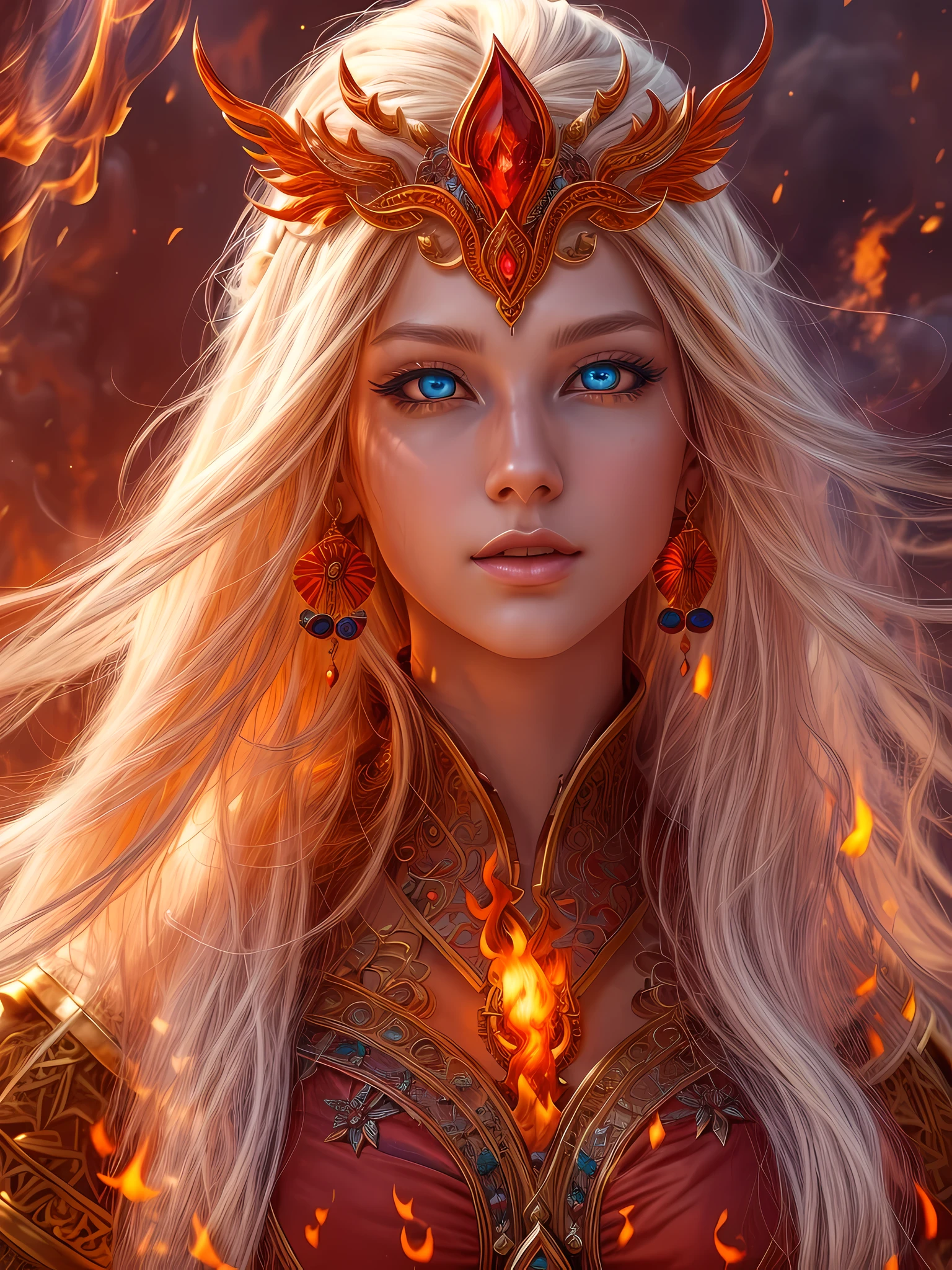 high details, best quality, 16k, [ultra detailed], masterpiece, best quality, (extremely detailed), full body, ultra wide shot, photorealistic, fantasy art, dnd art, rpg art, realistic art, an ultra wide picture of a female human (intricate details, Masterpiece, best quality: 1.5) goddess of fire  ((fiery radiant aura)), controlling a swirling red fire, fiery red radiant magic (1.5 intricate details, Masterpiece, best quality), manipulating purple radiant magical symbols, [[divine symbols]] (intricate details, Masterpiece, best quality: 1.5), human female, blond hair, long hair with aura, hair with red radiant eyes, intense eyes, ((radiant eyes)), (( red glowing eyes)), dynamic clothing, fantasy volcano back ground, stresms of lava,  celestial  background, ((divine worship atmosphere)), high details, best quality, highres, ultra wide angle, gl0w1ngR