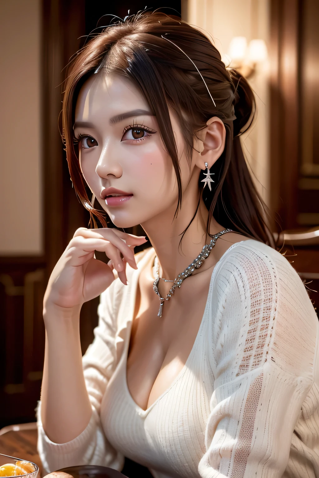one girl,hairpin,necklace,earrings,look up from below,pointed red mouth,cheeks turn red,he shyly looks at the viewer,big and full breasts,(Shiny silver and orange striped short hair,Ponytail decorated with elaborate braids and beads,),(professional lighting),(8k,table top,highest quality,Ultra high resolution output image,),(intricate details,),(Image mode to Ultra HD),written boundary depth,beautiful hands,beautiful fingers,Detailed functions of fingers,Detailed characteristics of hair,detailed facial features,Detailed features of the garment,