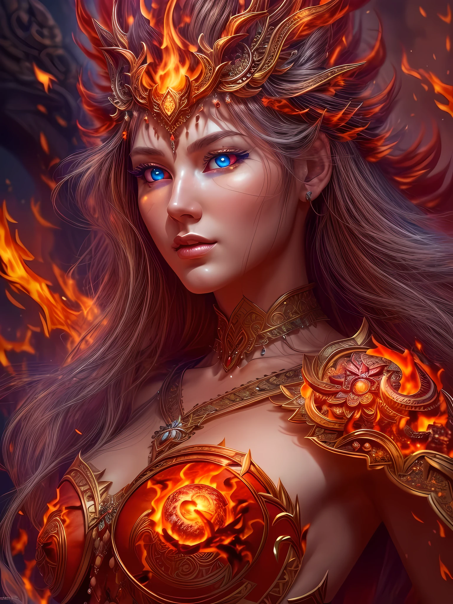 high details, best quality, 16k, [ultra detailed], masterpiece, best quality, (extremely detailed), full body, ultra wide shot, photorealistic, fantasy art, dnd art, rpg art, realistic art, an ultra wide picture of a female human (intricate details, Masterpiece, best quality: 1.5) goddess of fire  ((fiery radiant aura)), controlling a swirling red fire, fiery red radiant magic (1.5 intricate details, Masterpiece, best quality), manipulating purple radiant magical symbols, [[divine symbols]] (intricate details, Masterpiece, best quality: 1.5), human female, blond hair, long hair with aura, hair with red radiant eyes, intense eyes, ((radiant eyes)), (( red glowing eyes)), dynamic clothing, fantasy volcano back ground, stresms of lava,  celestial  background, ((divine worship atmosphere)), high details, best quality, highres, ultra wide angle, gl0w1ngR