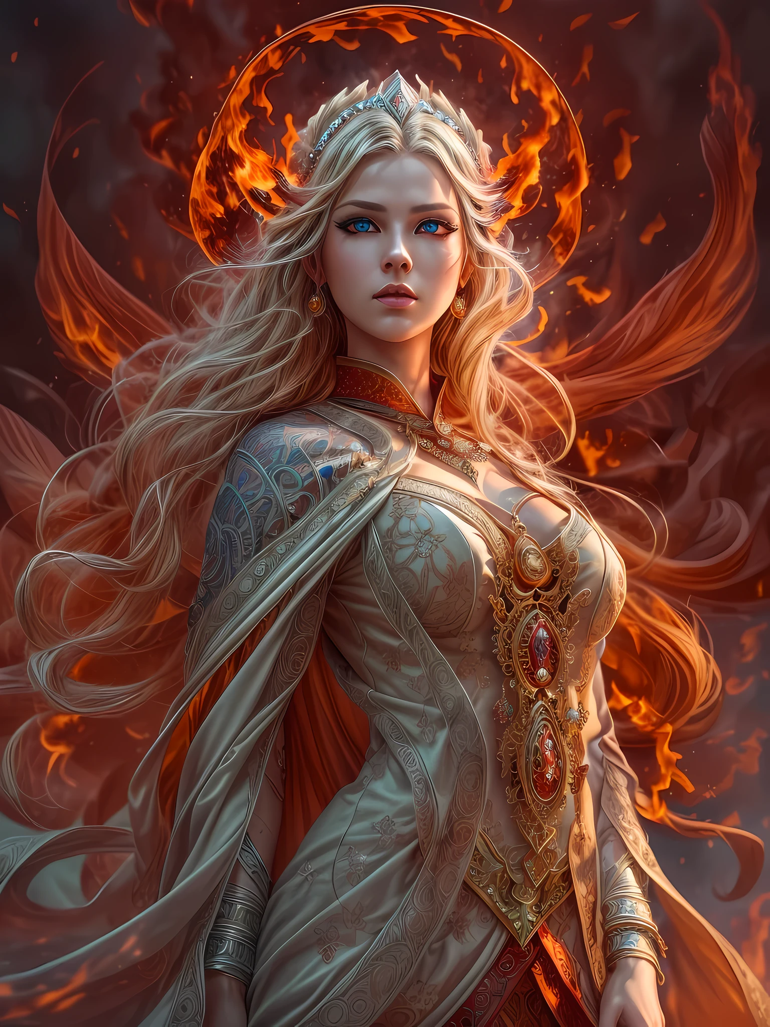 high details, best quality, 16k, [ultra detailed], masterpiece, best quality, (extremely detailed), full body, ultra wide shot, photorealistic, fantasy art, dnd art, rpg art, realistic art, an ultra wide picture of a female human (intricate details, Masterpiece, best quality: 1.5) goddess of fire  ((fiery radiant aura)), controlling a swirling red fire, fiery red radiant magic (1.5 intricate details, Masterpiece, best quality), manipulating purple radiant magical symbols, [[divine symbols]] (intricate details, Masterpiece, best quality: 1.5), human female, blond hair, long hair with aura, hair with red radiant eyes, intense eyes, ((radiant eyes)), (( red glowing eyes)), dynamic clothing, fantasy volcano back ground, stresms of lava,  celestial  background, ((divine worship atmosphere)), high details, best quality, highres, ultra wide angle, gl0w1ngR