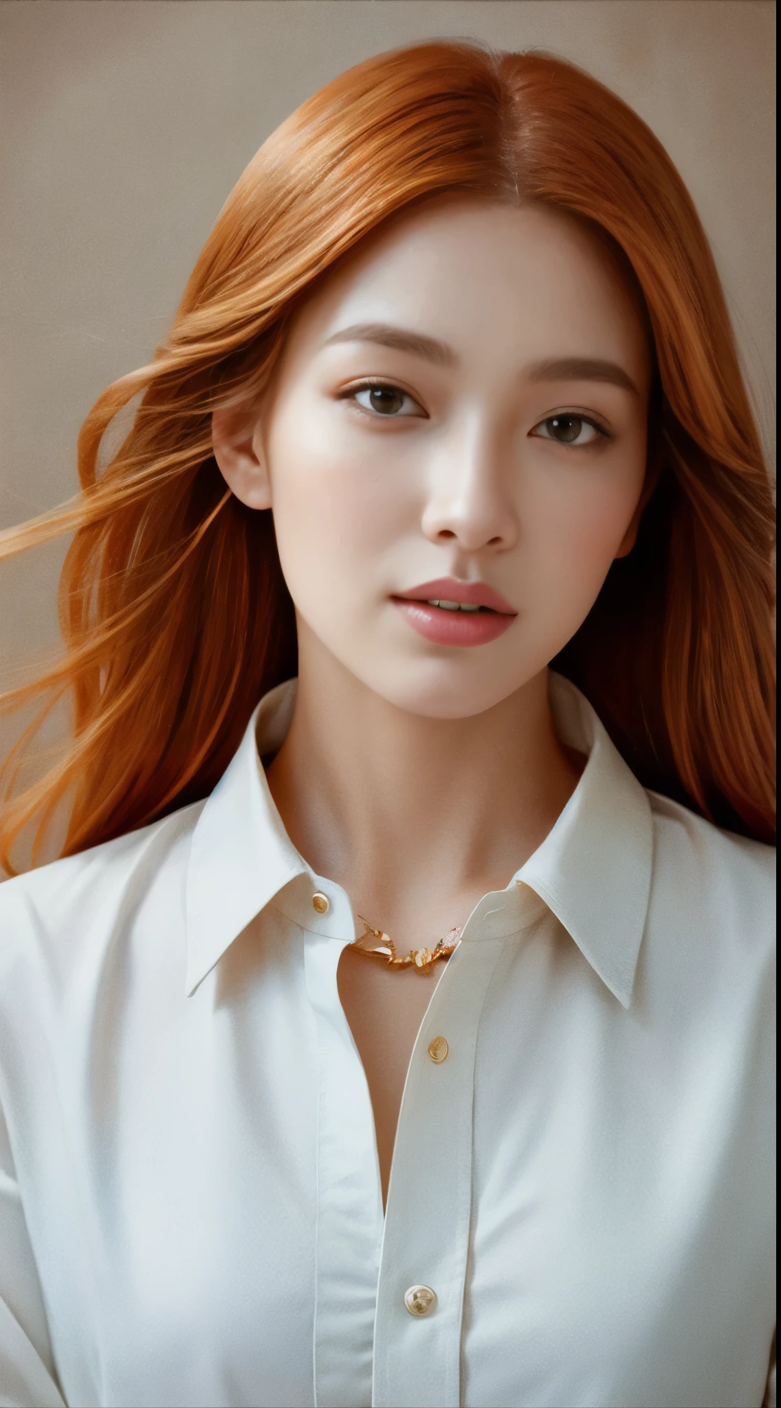 (Masterpiece: 1.4), best quality: 1.2, Illustration of a captivating girl with orange hair, wearing a white shirt and a brown jacket. The image exudes an extraordinary level of detail and realism, with Yoo Sangah's signature artistic touch. The girl's expressive orange eyes, full of depth and emotion, are incredibly detailed, capturing the viewer's attention. Her lips are equally intricately rendered, subtly curved into a gentle smile. The textures and folds in her white shirt and brown jacket are vividly rendered, enhancing the sense of depth and dimension in the artwork. With stunning use of color and shading,