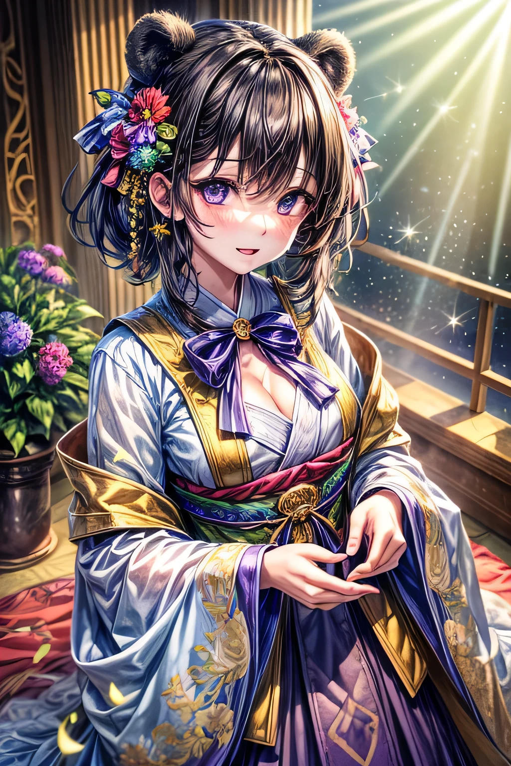 ((worst quality, low-quality)), ((Black Bear-eared Kenomi girl)), (Japan priestess uniform:1.1),(Gothic ta:1.2),cleavage, ((Black hair berry berry short)), plump shiny lips, (Beautiful purple eyes:1.4), Spoken Heart, Leaning forward, (perfect hand:1.3), (((Combining beautiful colorful flowers into one))), Confetti, (Stained glass window background), ((Shining sunlight)), (light Particle, light glow, llight rays:1.4), masutepiece,Best Quality,ultra-detailliert,