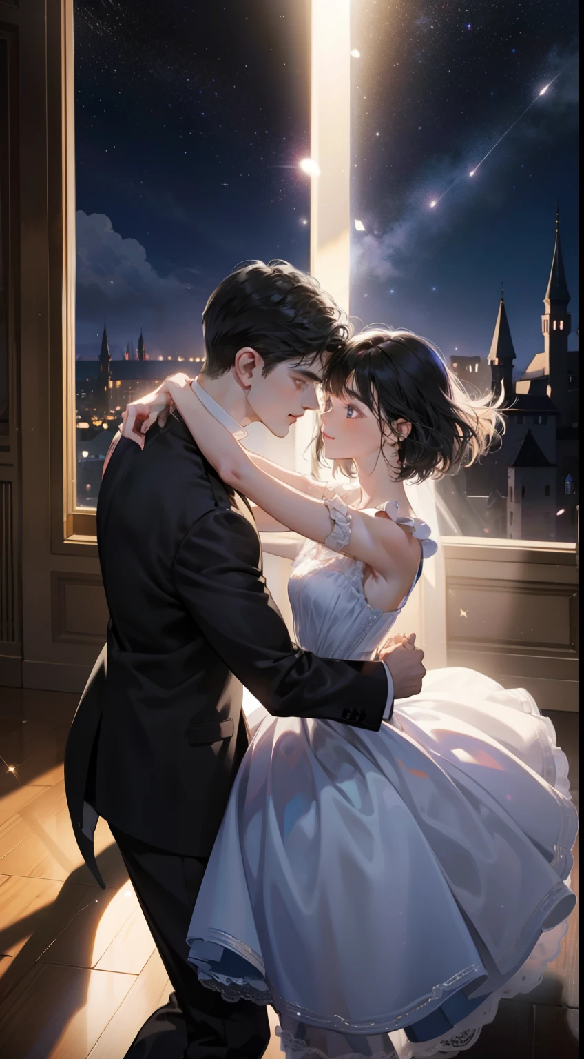 romantic couple dancing together, black-haired mature man,Girl with black short hair with fringe (soft smile, shy),different height ((the man is taller)), glowing stars,Glow effects, the night,in the ball room,The face is clear and accurate,detail in face,super-fine,castle,16K resolution,high quality, High picture detail,dynamic viewing angle,Epic shooting,oc rendered, dancing floor, detailed light, detailed shadow