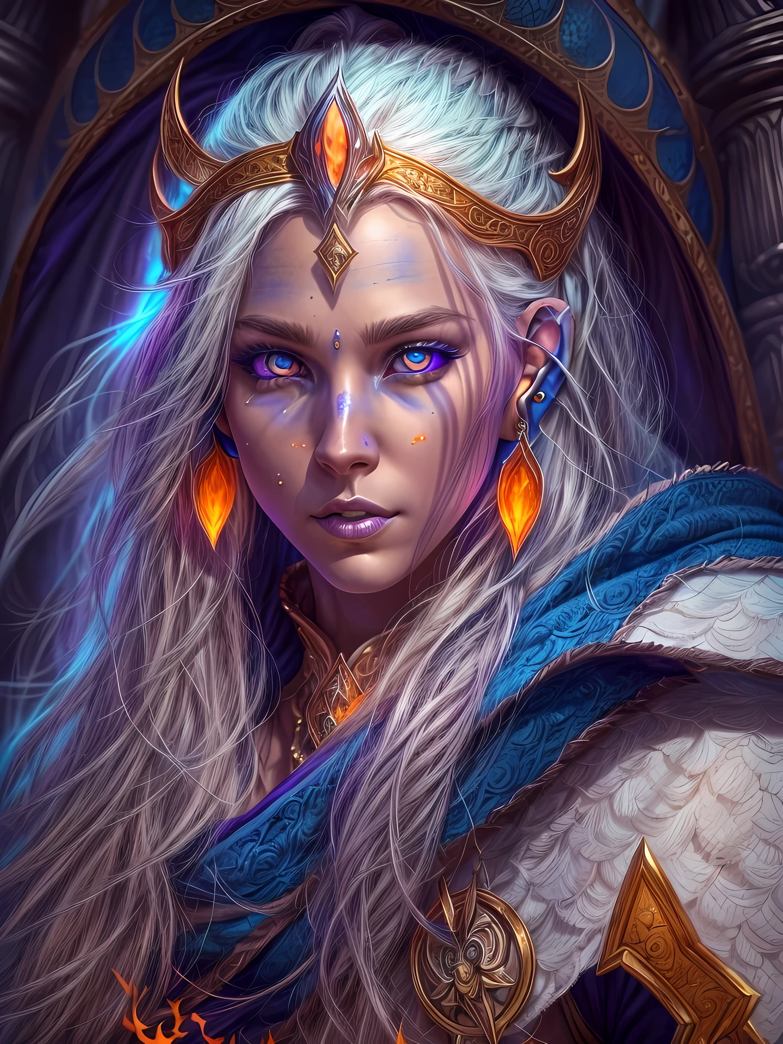 fantasy art, dnd art, RPG art, wide shot, (masterpiece: 1.4) a (portrait: 1.3) intense details, highly detailed, photorealistic, best quality, highres, portrait a female (fantasy art, Masterpiece, best quality: 1.3) ((blue skin: 1.5)), intense details facial details, exquisite beauty, (fantasy art, Masterpiece, best quality) cleric, (blue: 1.3) skinned female, (white hair: 1.4), long hair, (hair hides ears: 1.5), (purple eyes: 1.3), fantasy art, Masterpiece, best quality) armed a fiery sword red fire, wearing heavy (white: 1.3) half plate mail armor, wearing high heeled laced boots, wearing an(orange :1.3) cloak, wearing glowing holy symbol GlowingRunes_yellow, within fantasy temple background, reflection light, high details, best quality, 16k, [ultra detailed], masterpiece, best quality, (extremely detailed), close up, ultra wide shot, photorealistic, RAW, fantasy art, dnd art, fantasy art, realistic art,((best quality)), ((masterpiece)), (detailed), perfect face,
