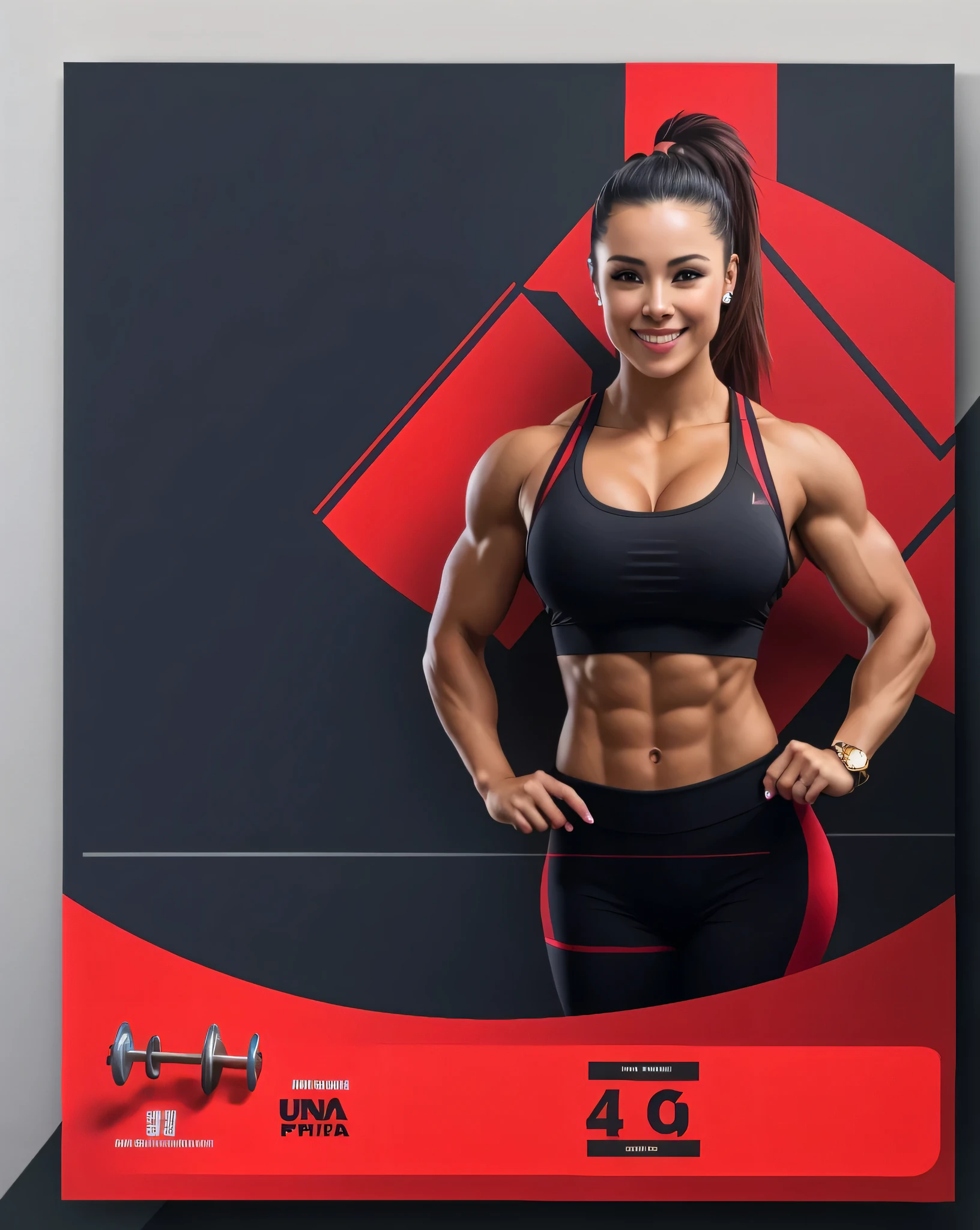 a woman smile, cute hand, posing for a picture in a gym poster, ifbb fitness body, fitness model, fit physique, fit curvy physique, fit body, fit woman, strong body, fit girl, sporty physique, athletic body, attractive sporty physique, in style of kyrill kotashev, with abs, best on adobe stock, red and black color scheme, red color theme