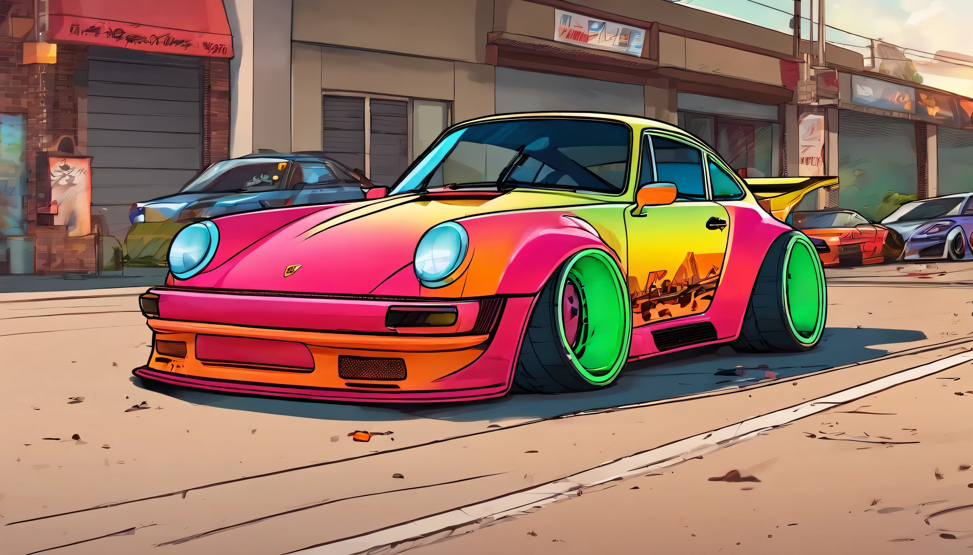 
Porsche 911 rwb, wide body, sketch, 
cartoonish, comic strip, rendering, chrome wheels, bagged, slammed to the ground, empty parkinglot, style dessin manga, couleur
