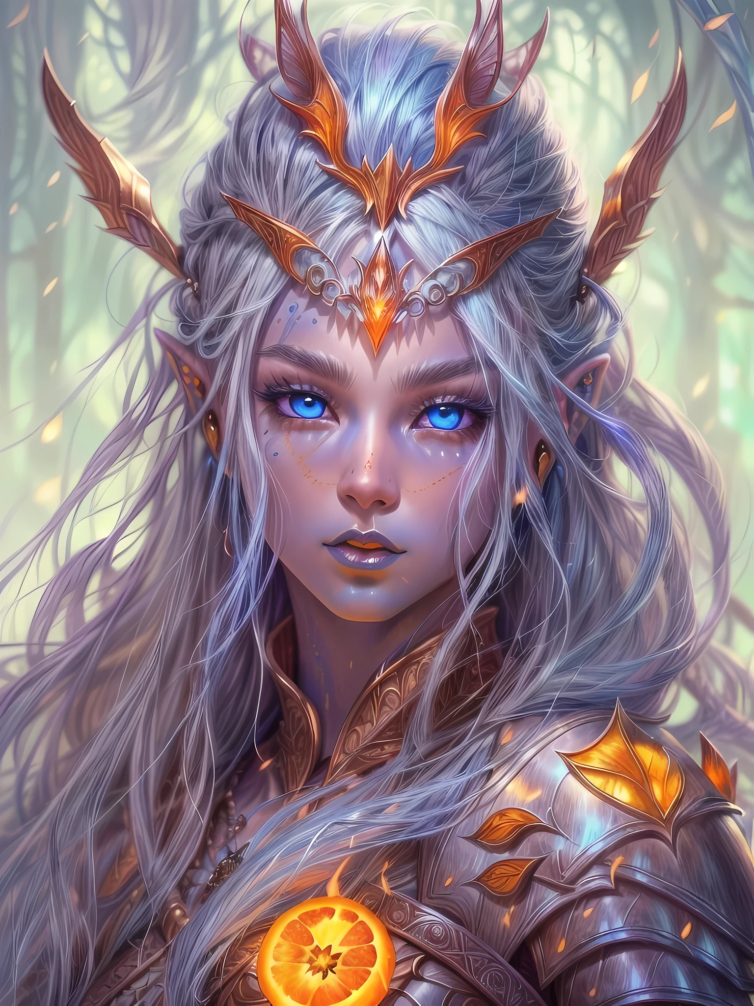 fantasy art, dnd art, RPG art, wide shot, (masterpiece: 1.4) a (portrait: 1.3) intense details, highly detailed, photorealistic, best quality, highres, portrait a female (fantasy art, Masterpiece, best quality: 1.3) ((blue skin: 1.5)), intense details facial details, exquisite beauty, (fantasy art, Masterpiece, best quality) cleric, (blue: 1.3) skinned female, (white hair: 1.4), long hair, (hair hides ears: 1.5), (purple eyes: 1.3), fantasy art, Masterpiece, best quality) armed a fiery sword red fire, wearing heavy (white: 1.3) half plate mail armor, wearing high heeled laced boots, wearing an(orange :1.3) cloak, wearing glowing holy symbol GlowingRunes_yellow, within fantasy temple background, reflection light, high details, best quality, 16k, [ultra detailed], masterpiece, best quality, (extremely detailed), close up, ultra wide shot, photorealistic, RAW, fantasy art, dnd art, fantasy art, realistic art,((best quality)), ((masterpiece)), (detailed), perfect face,