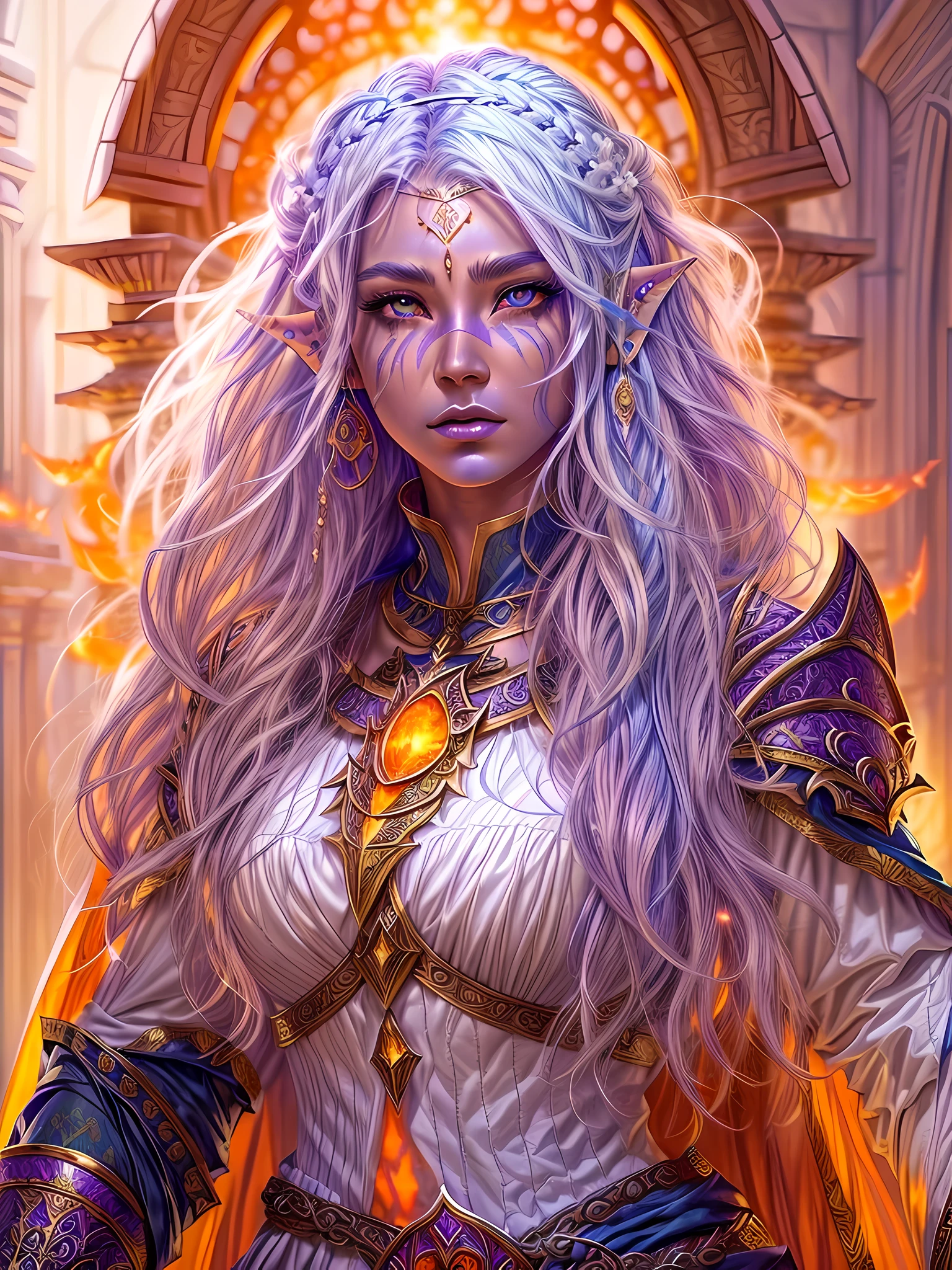 fantasy art, dnd art, RPG art, wide shot, (masterpiece: 1.4) a (portrait: 1.3) intense details, highly detailed, photorealistic, best quality, highres, portrait a female (fantasy art, Masterpiece, best quality: 1.3) ((blue skin: 1.5)), intense details facial details, exquisite beauty, (fantasy art, Masterpiece, best quality) cleric, (blue: 1.3) skinned female, (white hair: 1.4), long hair, (hair hides ears: 1.5), (purple eyes: 1.3), fantasy art, Masterpiece, best quality) armed a fiery sword red fire, wearing heavy (white: 1.3) half plate mail armor, wearing high heeled laced boots, wearing an(orange :1.3) cloak, wearing glowing holy symbol GlowingRunes_yellow, within fantasy temple background, reflection light, high details, best quality, 16k, [ultra detailed], masterpiece, best quality, (extremely detailed), close up, ultra wide shot, photorealistic, RAW, fantasy art, dnd art, fantasy art, realistic art,((best quality)), ((masterpiece)), (detailed), perfect face,