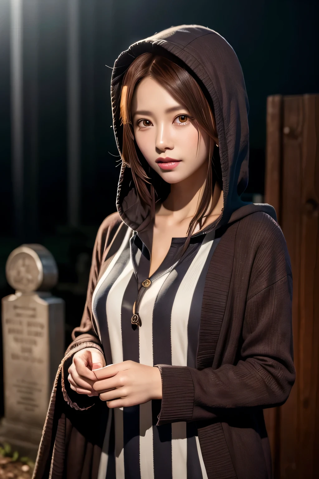 Cute hooded grim reaper shrouded in dark fog,wield a sickle,emerge from the swirling shadows.Standing at the graveyard of forgotten souls.(light brown and red striped hair:1.3),perfect face,proper body proportions,table top,Ultra high quality output image,超A high resolution,intricate details,very delicate and beautiful,realistic,dream-like,professional lighting,realistic shadow,ultra hd,focus only,beautiful hands,beautiful fingers,