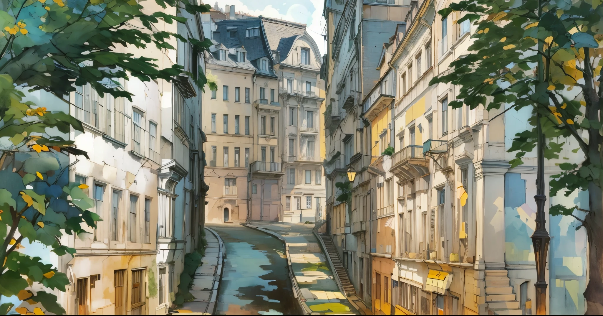 Painting of a narrow street with a few buildings and a tree, Outdoor European cityscape, Stadtbild im Anime-Stil, a beautiful artwork illustration, urbane Konzeptkunst, HD-Anime-Stadtbild, beautiful cityscape, Street of Moscow, Anime-Szenerie-Konzeptkunst, Jugendstil-Umgebung, inspired by Carl Spitzweg, Anime-Hintergrundkunst, detailed street, City streets, von Roman Bezpalkiv