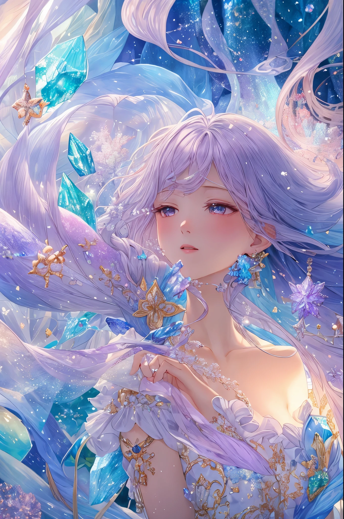 highest quality,amazing,very detailed,figure,cover,mysterious person,covered with translucent fabric,Crystals decorating hair,dreamy swirl,pastel colour,soft light,Evoking serene tranquility and elusive beauty,non-representative,Color and shape,expression of emotions,imaginative,very detaileded,