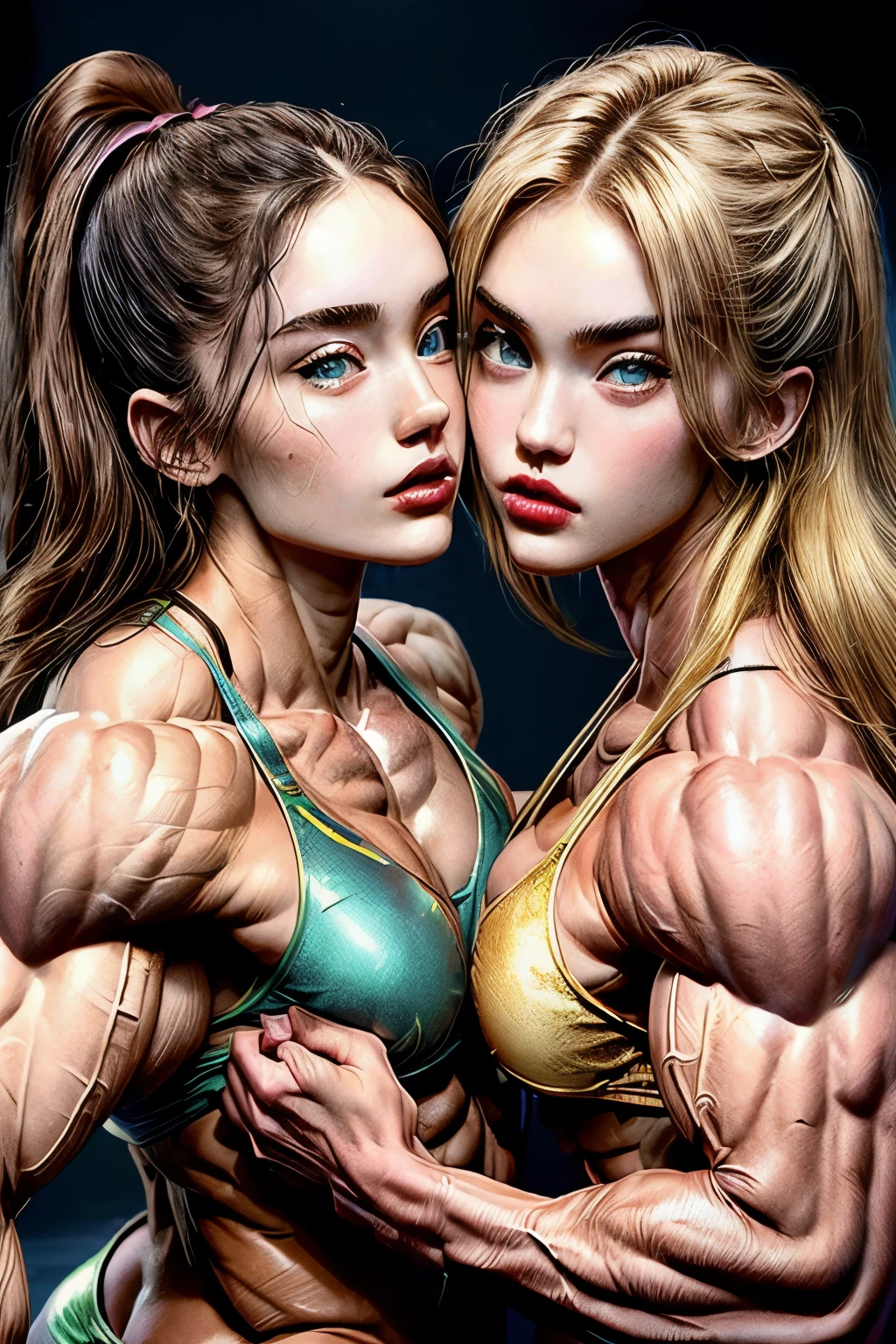 (2 girls body builders:1.6), ((masterpiece)), best quality, ultra-detailed:1.7, finely detail, high resolution:1.6, perfect dynamic composition, beautiful detailed faces:1.77, blonde babes:1.88, perfect pink lipstick, blue eyes, perfect makeup:1.8, short bikini , extra large breasts:1.4, lovely look:1.7, gorgeous face:1.6, defined muscles:1.4, beautiful faces:1.8, alessandra ambrossio, izabel goulart, Kate Upton, Gigi Hadid, candice swanpoel ,popped out dense veins on muscles:1.8, hyper detailed picture:1.4, 8k resolution: 1.7, flex muscles:1.3, hyper muscular body shape:1.42, photorealistic:1.5, realistic:1.6, face masterpiece:1.74, good and professional lighting on picture:1.38, French-Arabian muscle beauty goddess, masterpiece 25 years old Ariana Grande and Megan Fox as bodybuilders, extremely high resolution, hyper feminine beauty , hyper realistic texture , hyper muscularity, hyper vascularity, ripped body shape, ripped sexy ass with bikini, muscular ass , topless, kissing, good face details, hyper face detailing, doing sex, very detailed muscle fibres, sexy french kiss, romantic, romantic moment, serious muscle posing, hard muscular ass, ass muscle fibres, super unique beauty