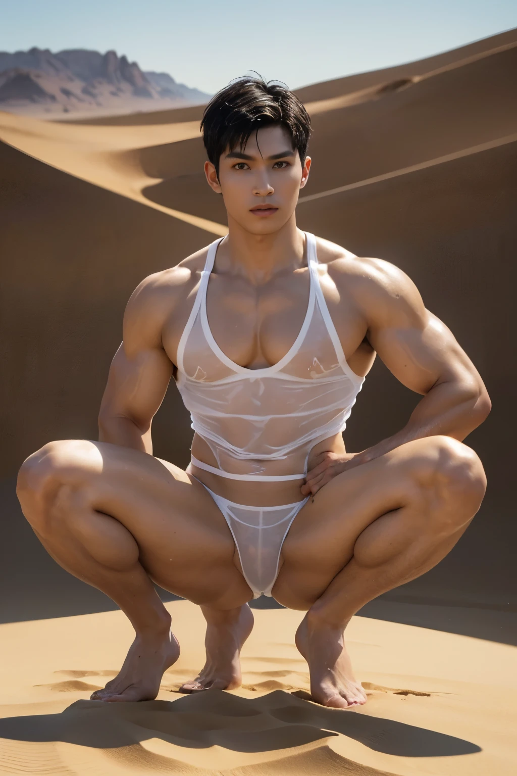 (Masterpiece, Best quality, offcial art, Aesthetic: 1.2), (Super detail), (Muscular macho,see-through thong: 1.2) ((Short hair, Prince of the Desert: 1.3)) ((Short hair, Muscular 32 years old: 1.3)) Fine details, Most Best Illustration, (High contrast), (Ultra photo realsisim: 1.3), (asian man, muscle masculinity art), , (Autumn desert Gobi background), s fractal art, (full-body portraits, see-through thong, Extreme close-up: 1.1), (Muscular man, White transparent thong: 1.4) (Autumn golden desert Gobi background: 1.3), The perfect feature of a supermodel, whole body show (Short hair, Asian male supermodel), Thong boy, Perfect chest and abs, Mysterious night, Extremely provocative and sexy d details), (Detailed background: 1.2), (core,), A high resolution, Extreme detail ((Super art, Wear only a pair of white transparent thongs, Internal genital structures can be seen: 1.4)) ((Full body display, Extreme detail display: 1.3))((8K,ultra HD picture quality,extreme detail portrayal: 1.3))