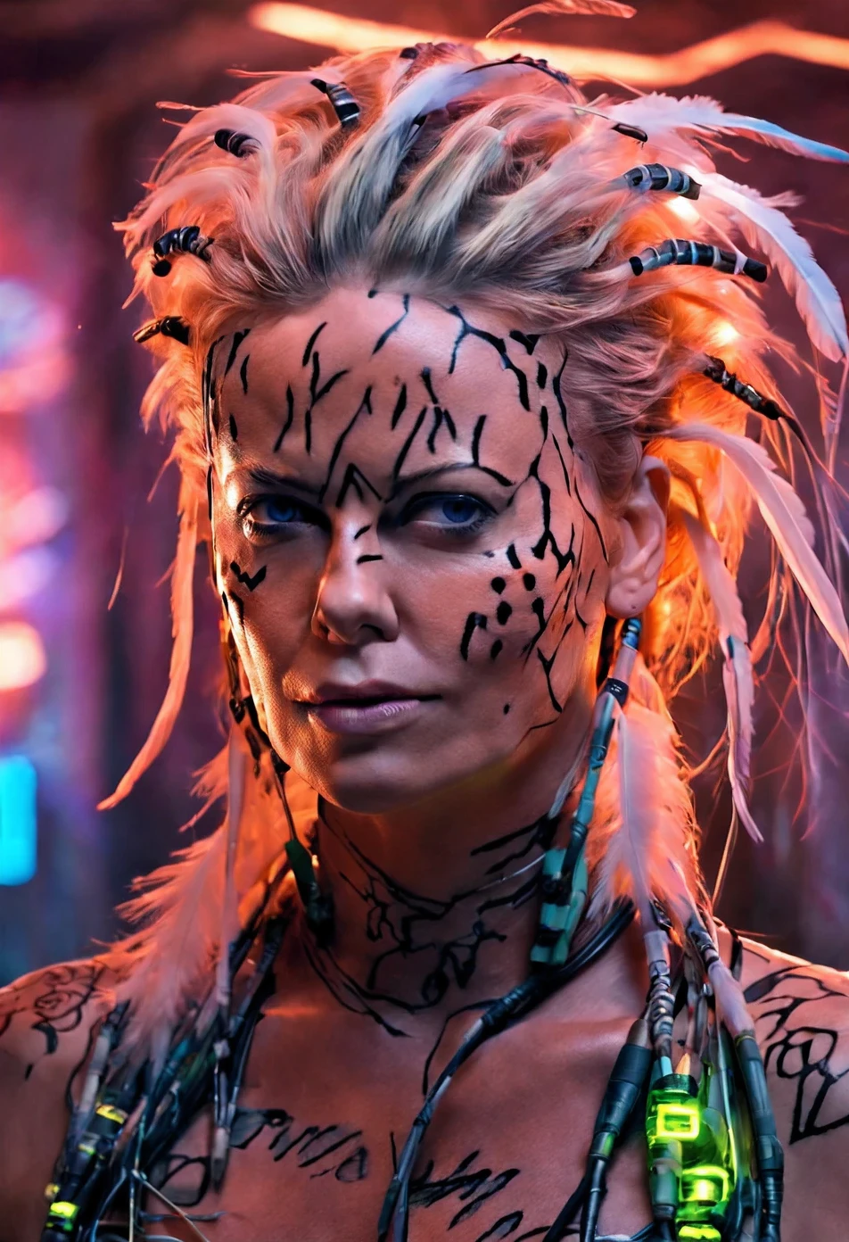 (ohwx woman) cyborg, surrounded by cables , (Charlize Theron),  hair braided in pigtails, tattoos on her face, neck and breasts, feathers in her hair, war colors, strong, proud, cyborg, beautiful full shot imagery, vibrantly lush neon lighting, beautiful volumetric-lighting-style atmosphere, a futuristic atmosphere, intricate, ultra detailed, photorealistic imagery, trending on artstation, 4k, 8k, low angle, full body shot