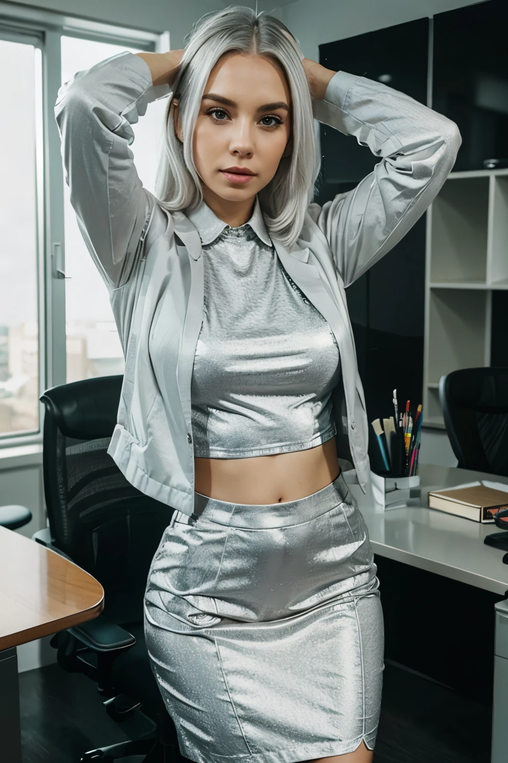 Woman with platinum hair and office clothes