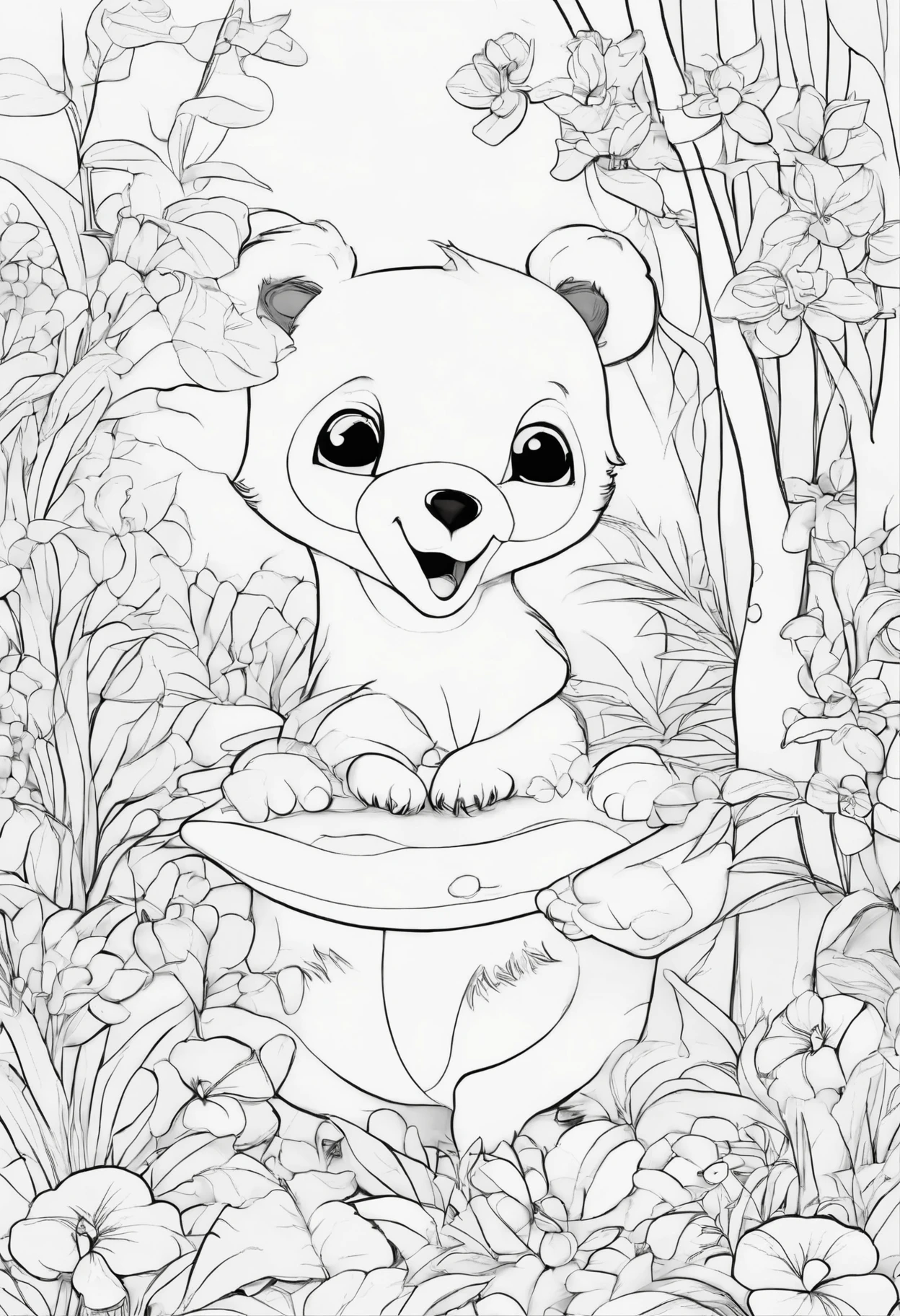 Line drawing, Pixar style, coloring An adorable little bear resting in his den among vibrant orchids, eating berry fruits in a North American inspired forest, detailed background of wooded mountainous areas. ColoringBookAF, Coloring Books on Blank White Background Redmond-Coloring BookChildhood Strokes Coloring Book, Thick Lines, No Color, White Background, Dashes Only