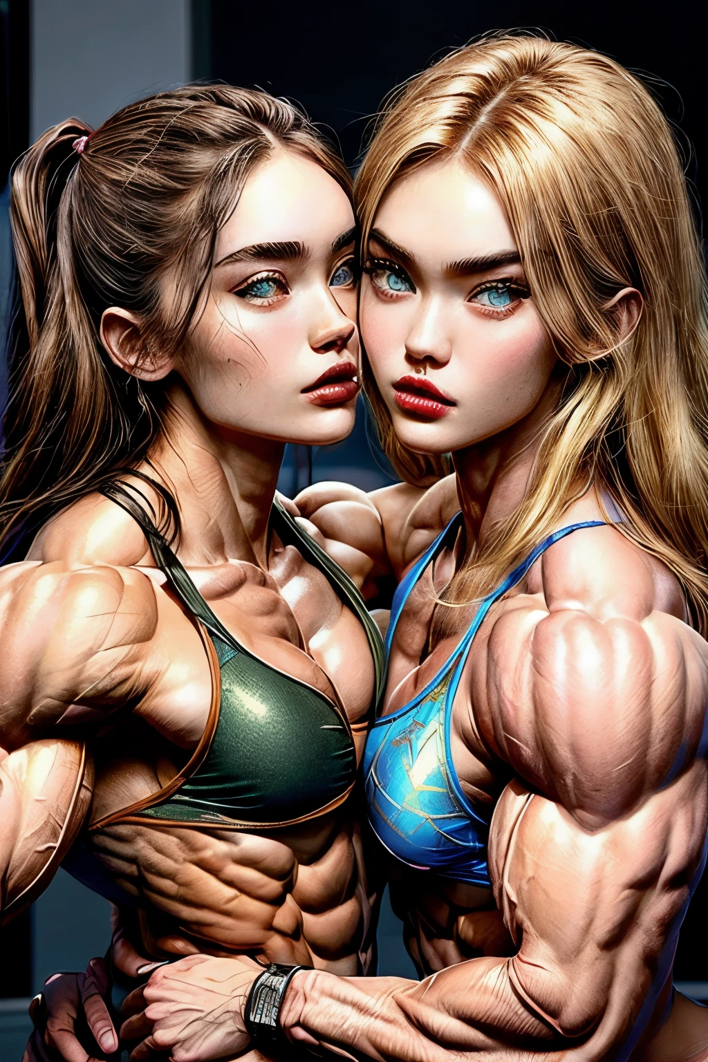 (2 girls body builders:1.6), ((masterpiece)), best quality, ultra-detailed:1.7, finely detail, high resolution:1.6, perfect dynamic composition, beautiful detailed faces:1.77, blonde babes:1.88, perfect pink lipstick, blue eyes, perfect makeup:1.8, short bikini , extra large breasts:1.4, lovely look:1.7, gorgeous face:1.6, defined muscles:1.4, beautiful faces:1.8, alessandra ambrossio, izabel goulart, Kate Upton, Gigi Hadid, candice swanpoel ,popped out dense veins on muscles:1.8, hyper detailed picture:1.4, 8k resolution: 1.7, flex muscles:1.3, hyper muscular body shape:1.42, photorealistic:1.5, realistic:1.6, face masterpiece:1.74, good and professional lighting on picture:1.38, South African-Arabian muscle beauty goddess, masterpiece 25 years old Gigi Hadid and Megan Fox as bodybuilders, extremely high resolution, hyper feminine beauty , hyper realistic texture , hyper muscularity, hyper vascularity, ripped body shape, ripped sexy ass with bikini, muscular ass , topless, kissing, good face details, hyper face detailing, doing sex, very detailed muscle fibres, sexy french kiss, romantic, romantic moment, serious muscle posing, hard muscular ass, ass muscle fibres, super unique beauty, ginger and blonde barbie face females