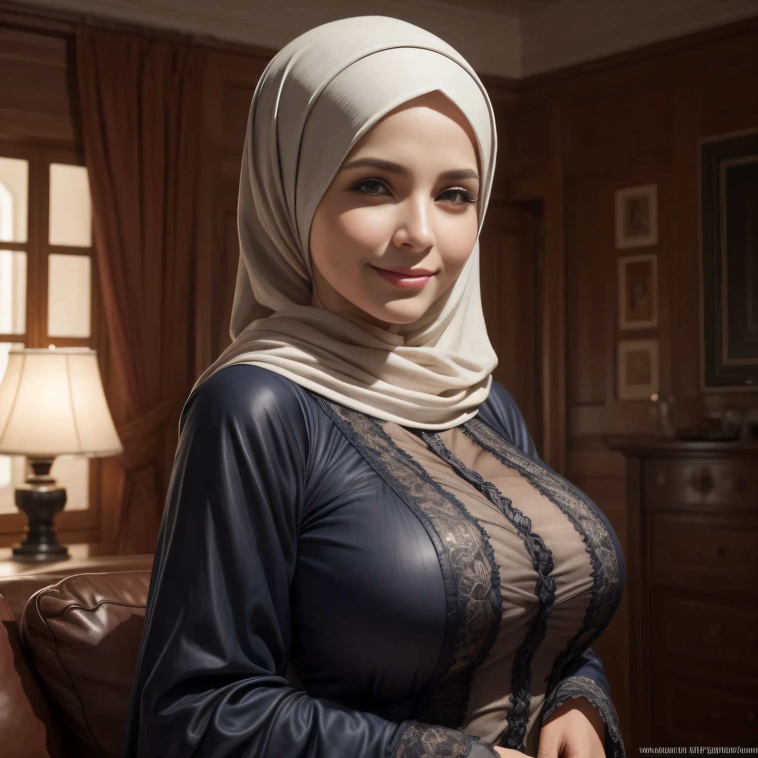 Dee768, portrait, smile, headscarf, big breasts all covered, home dress, Tangier, in living room, standing, attitude, detailed eyes, photography, trending on artstation, sharpness, studio photography, intricate details, highly detailed, Tangier in background, by Greg Rutkowski
